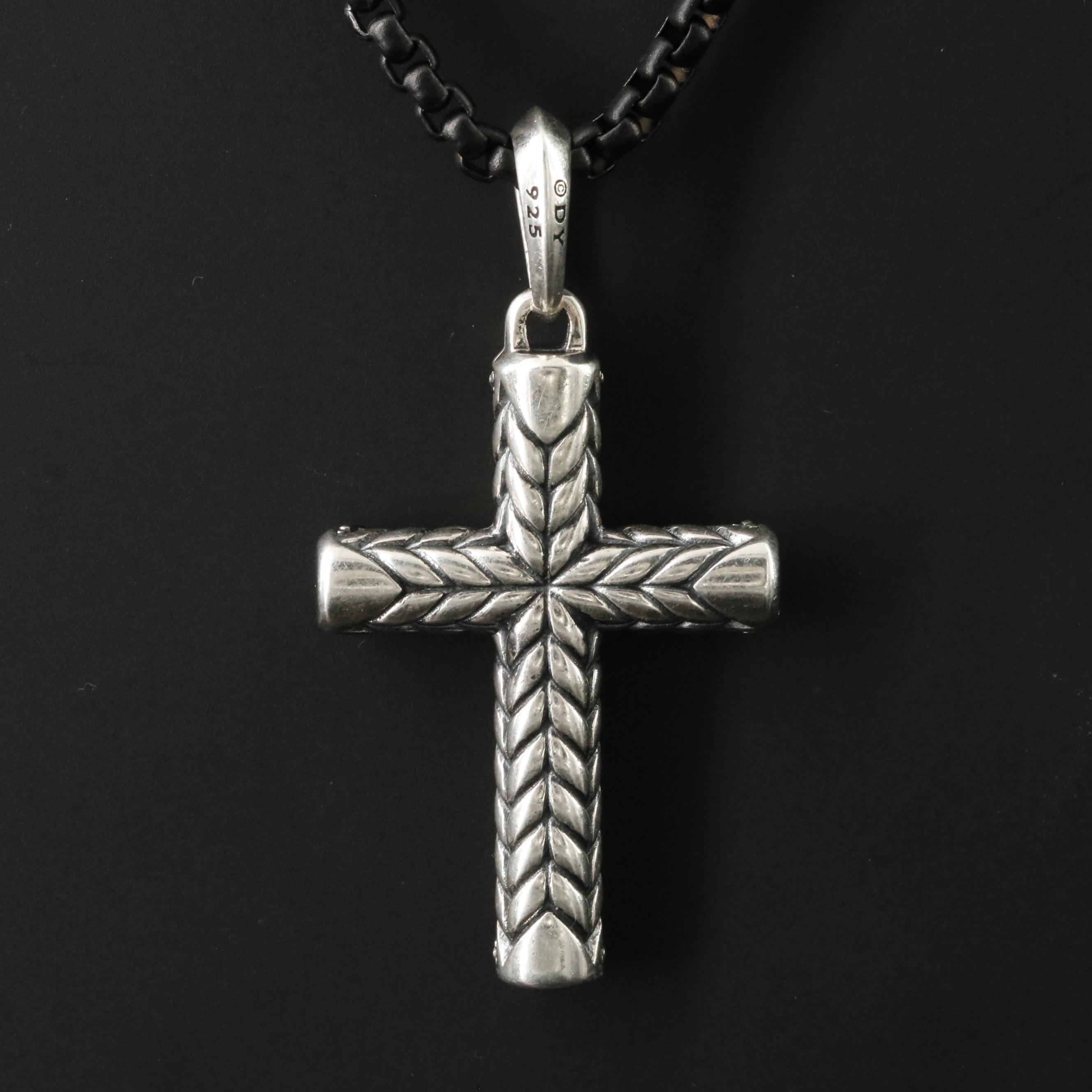 David Yurman Sterling Fancy Diamond Cross Pendant and Stainless Steel Chain