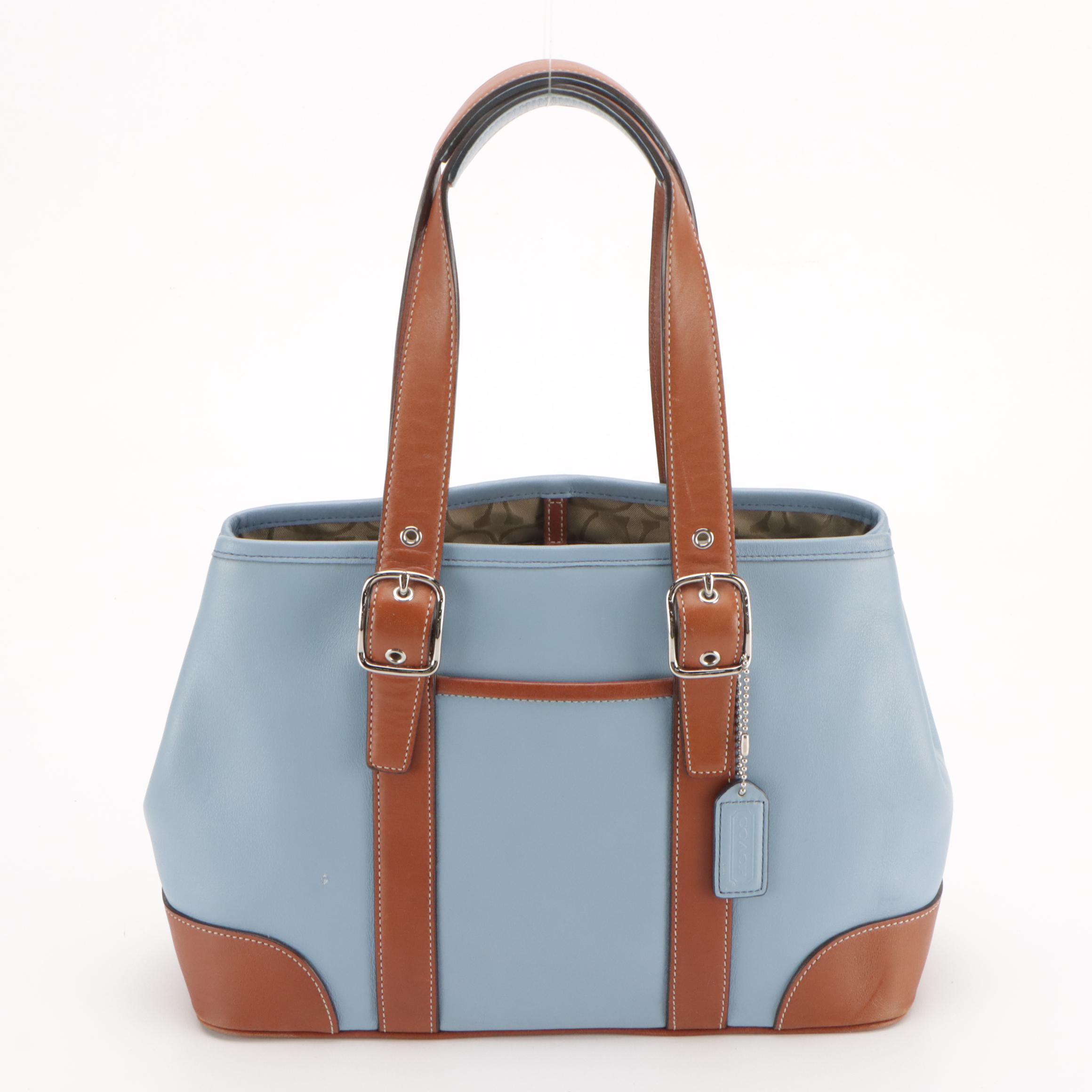 Coach Blue & Brown Leather Hampton Tote, Dark Brown Bleeker Bucket Crossbody Bag