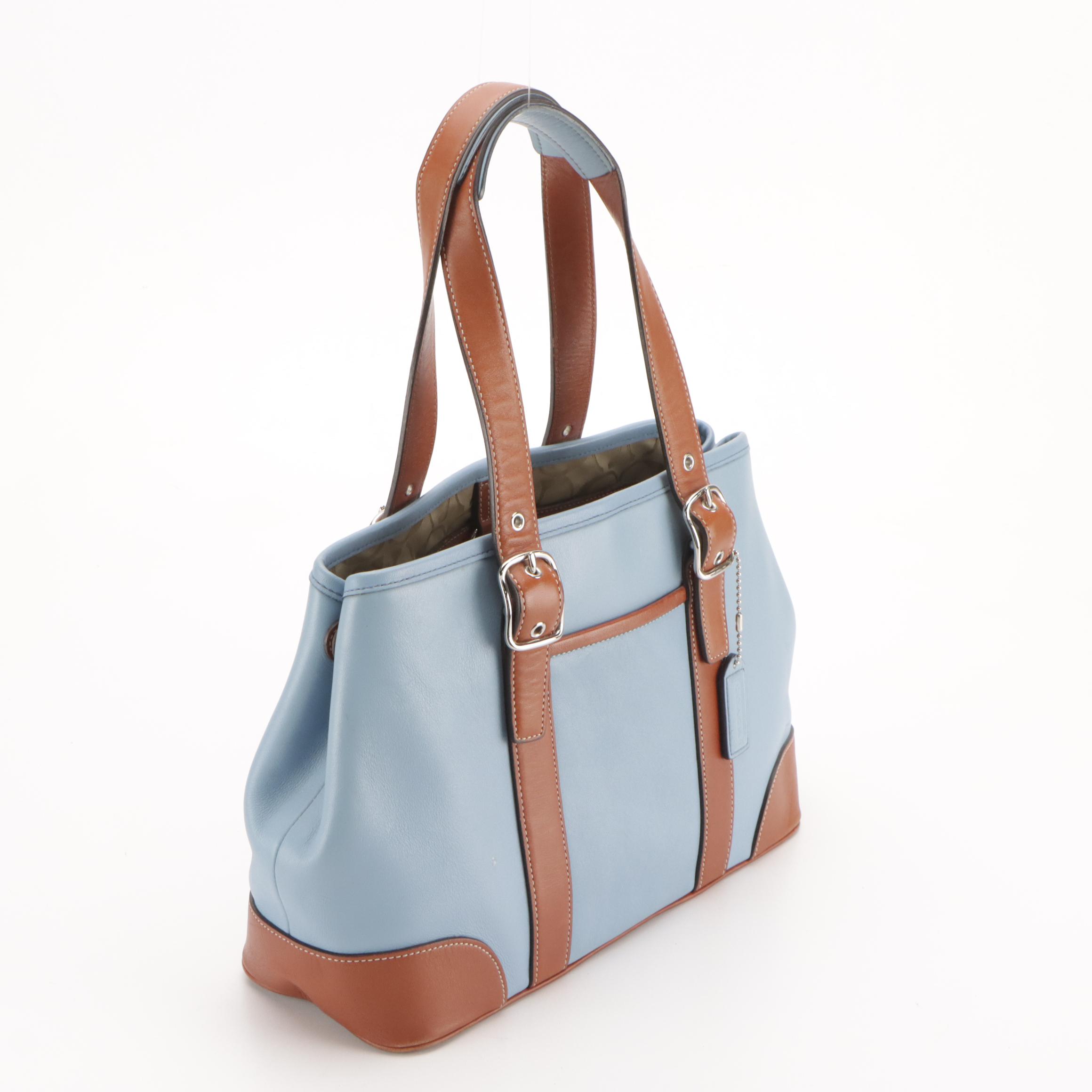 Coach Blue & Brown Leather Hampton Tote, Dark Brown Bleeker Bucket Crossbody Bag