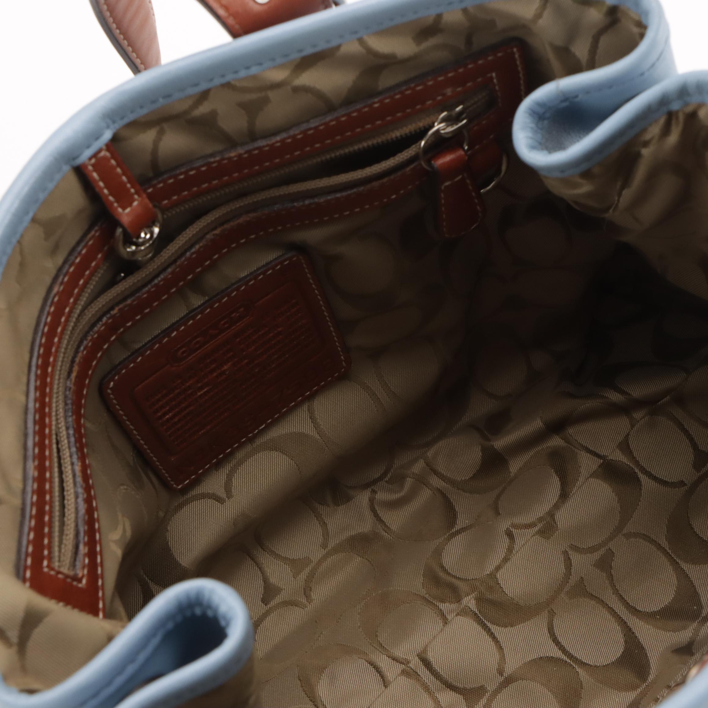 Coach Blue & Brown Leather Hampton Tote, Dark Brown Bleeker Bucket Crossbody Bag