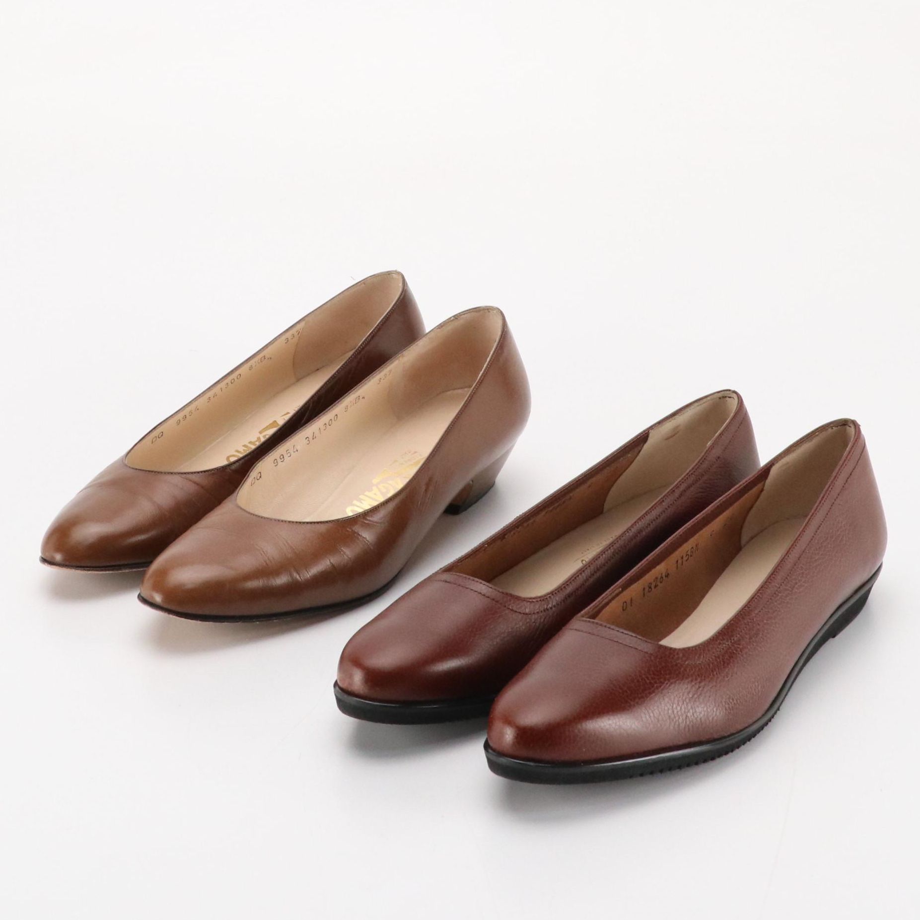 Salvatore Ferragamo Brown Leather Low Heel Wedges and Pumps with Boxes