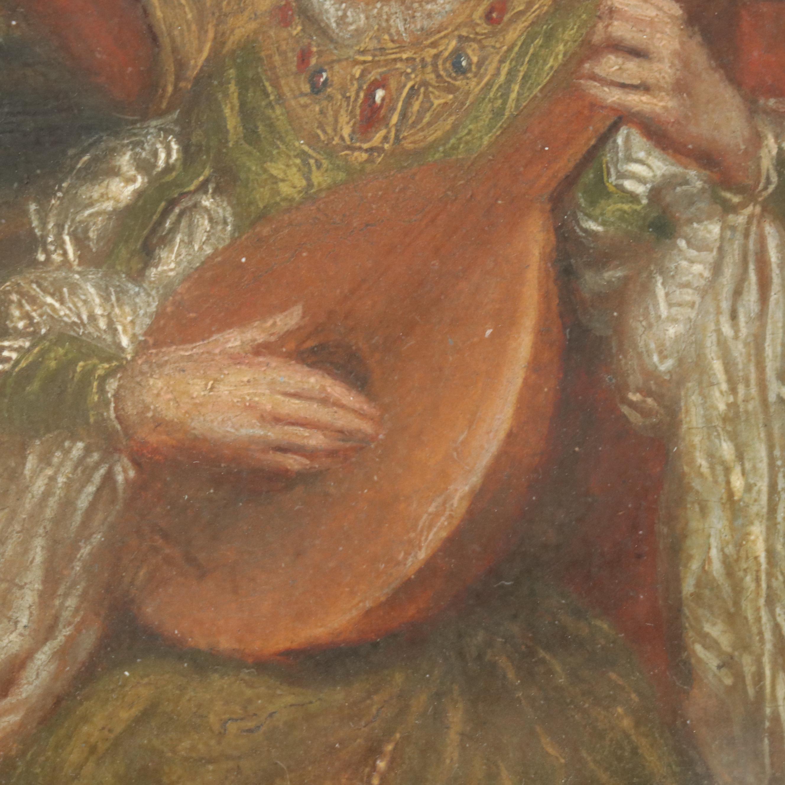 Attributed to Maurice Leloir Oil Painting of Woman Playing Lute, Late 19th C.