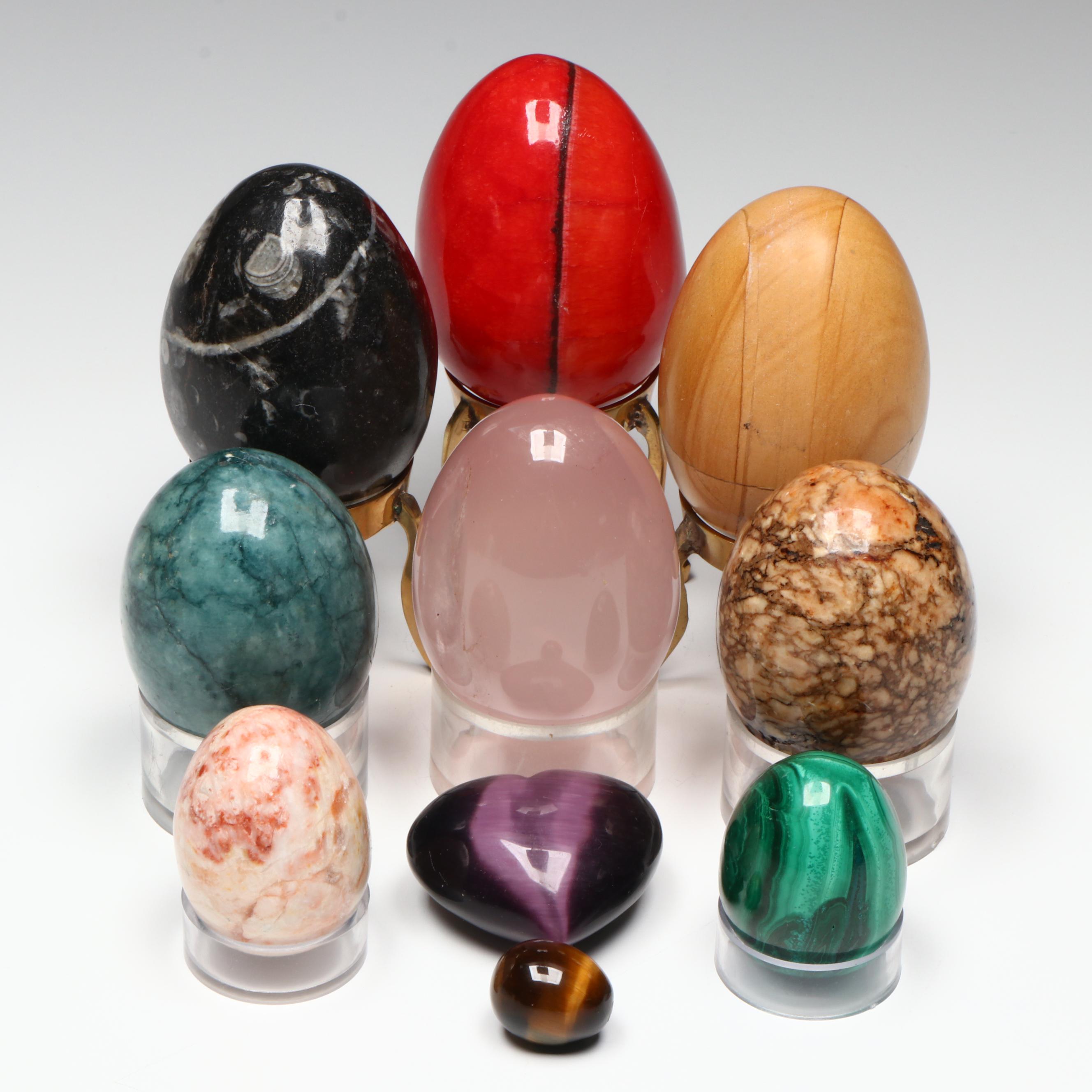Carved Stone Egg Collection Featuring Malachite and Tiger's Eye