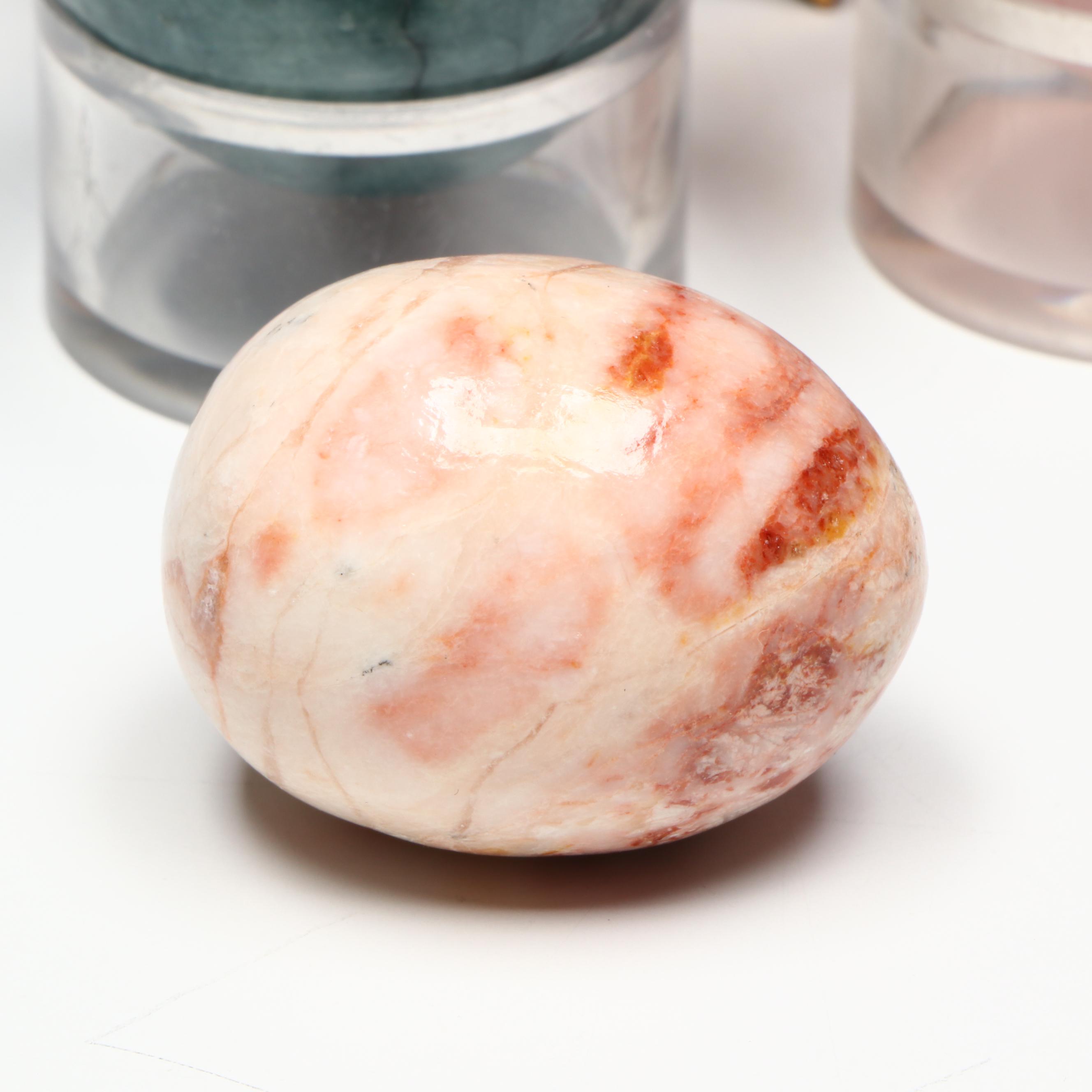 Carved Stone Egg Collection Featuring Malachite and Tiger's Eye