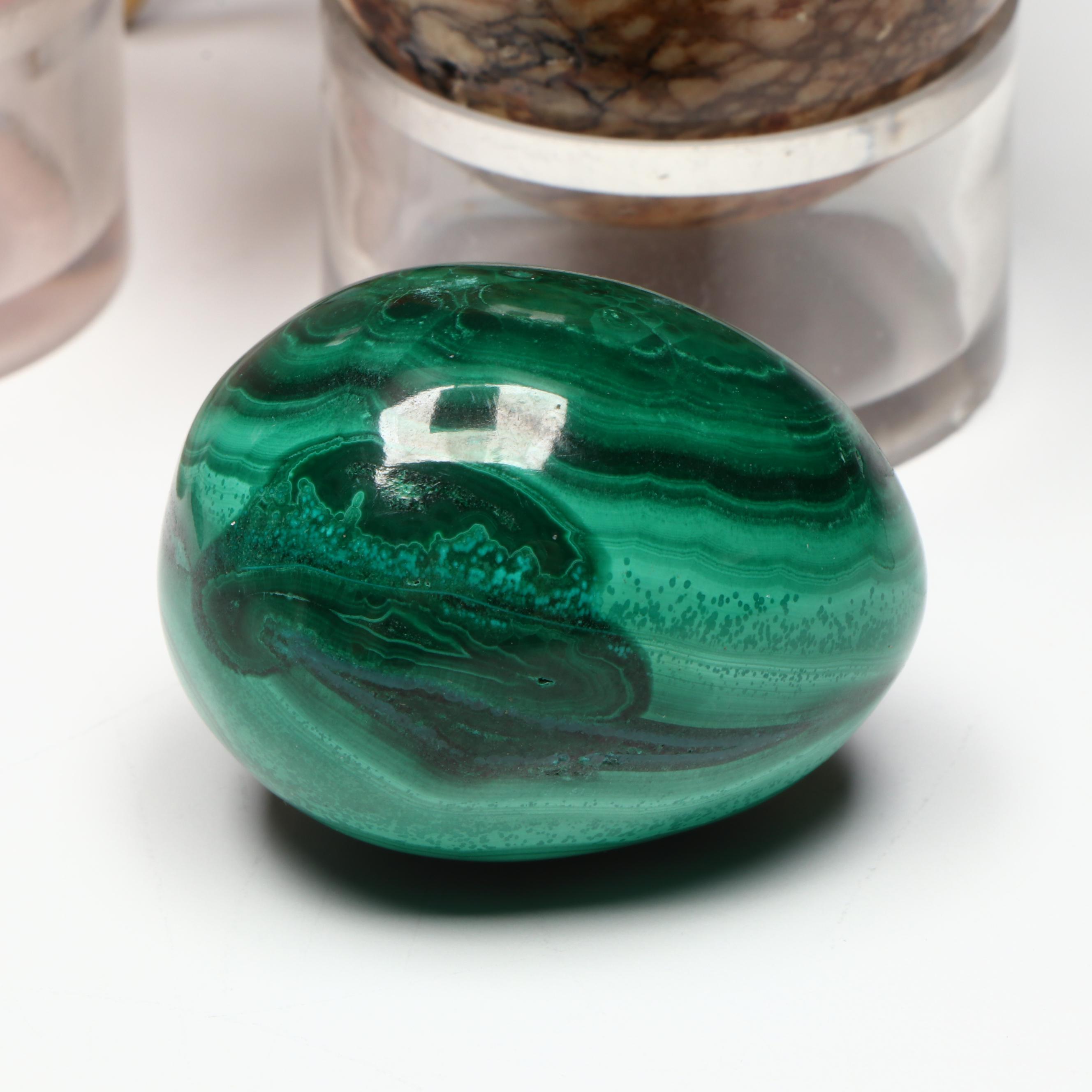 Carved Stone Egg Collection Featuring Malachite and Tiger's Eye