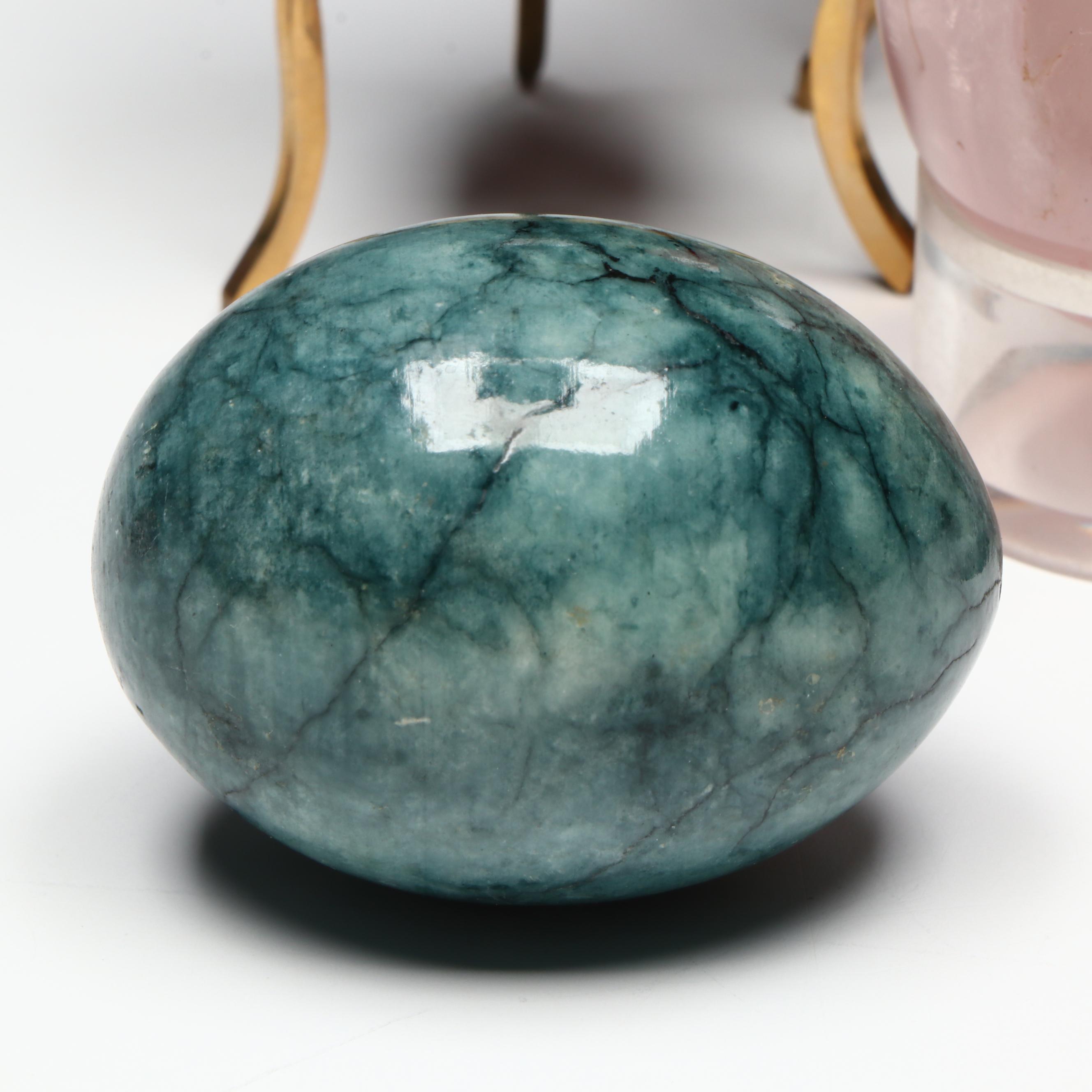 Carved Stone Egg Collection Featuring Malachite and Tiger's Eye