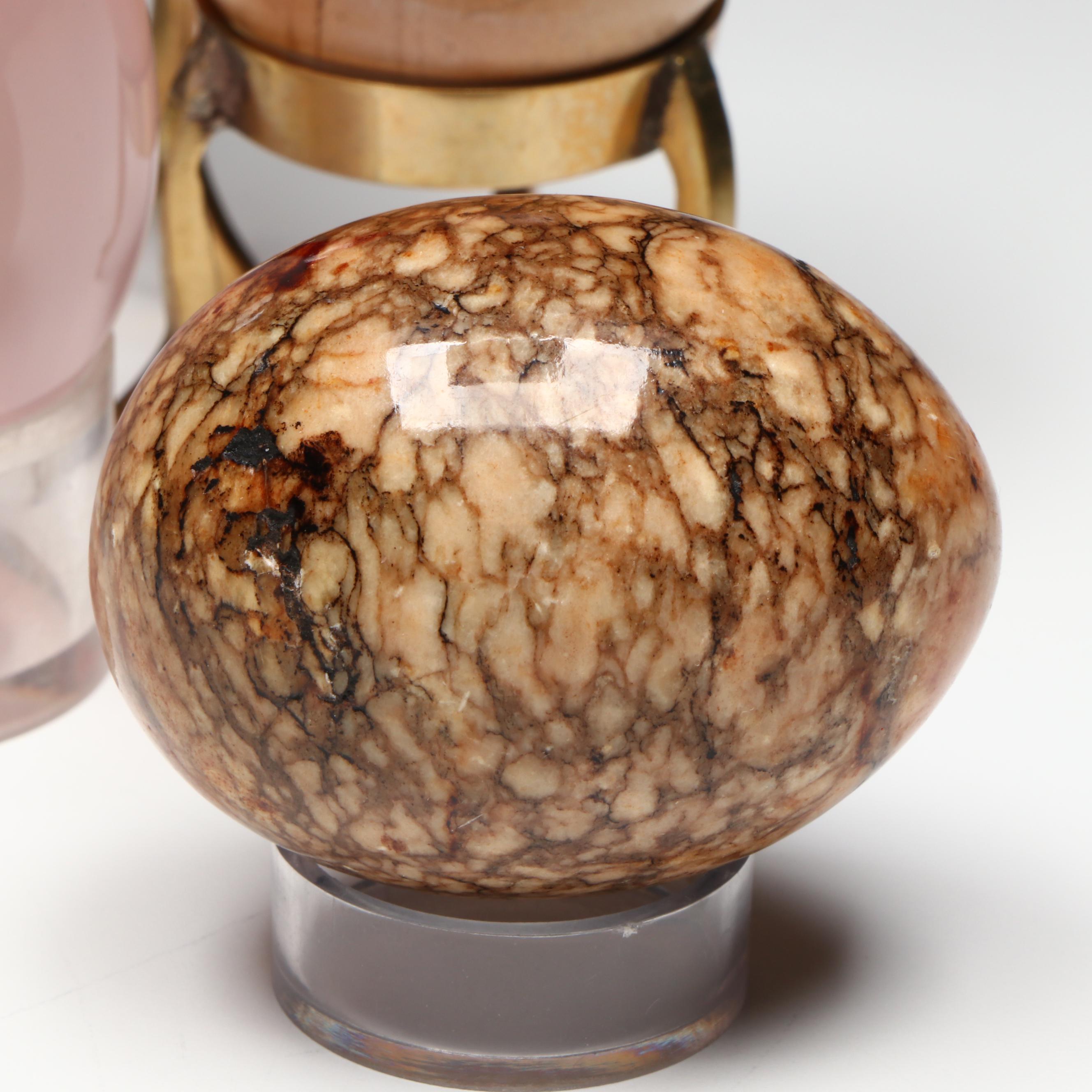 Carved Stone Egg Collection Featuring Malachite and Tiger's Eye