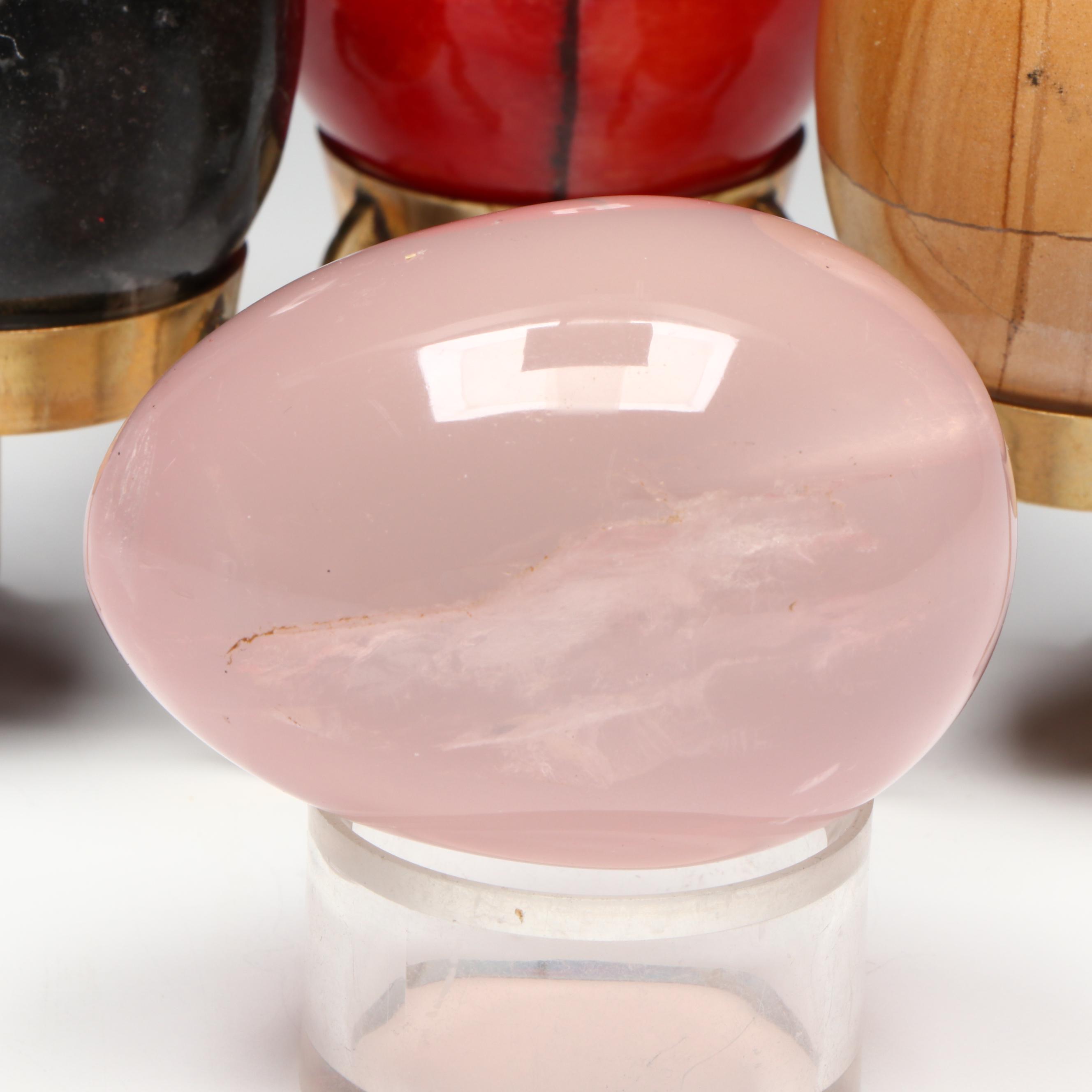 Carved Stone Egg Collection Featuring Malachite and Tiger's Eye