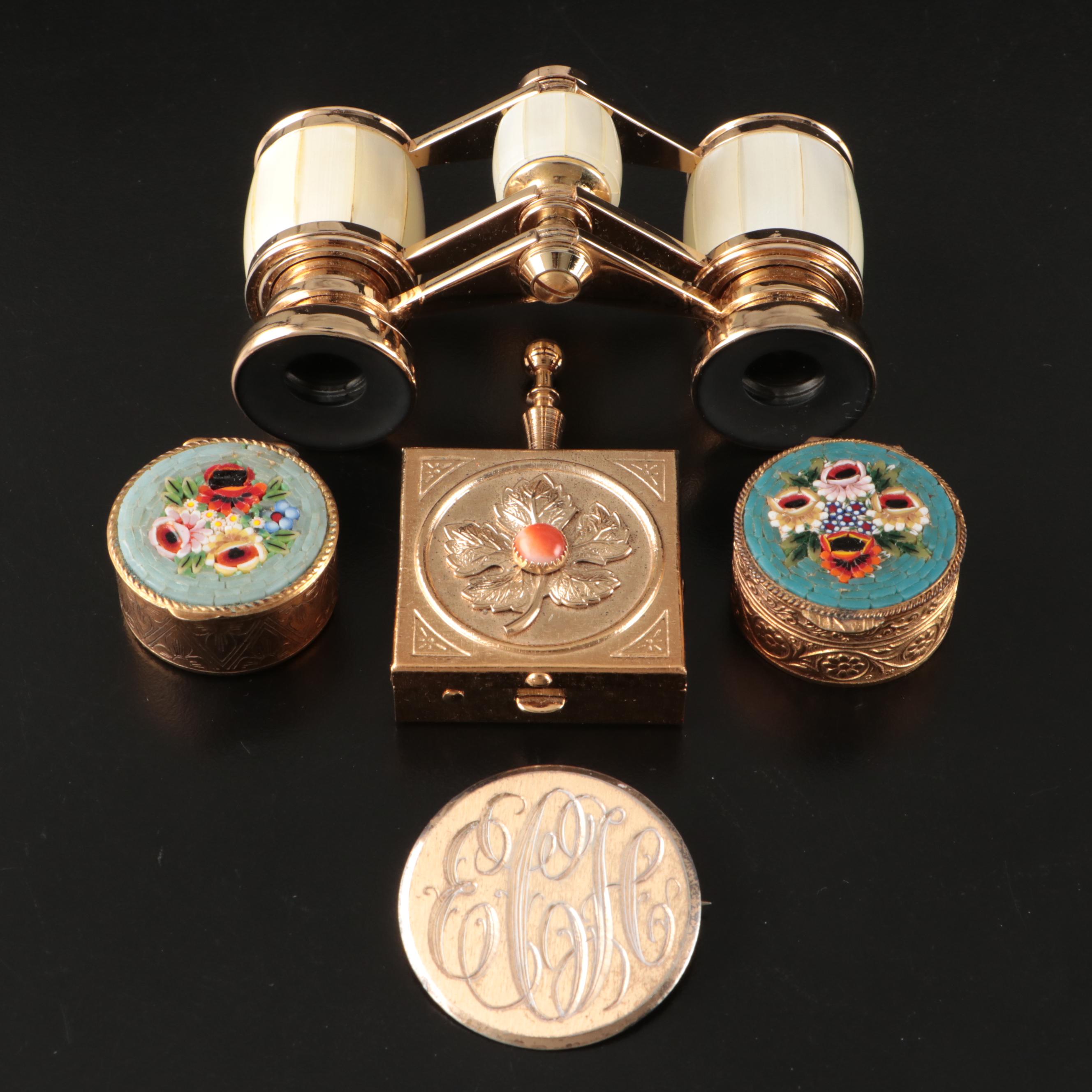 Murano Mosaic Pill Boxes, Opera Glasses, Miniature Ashtray and Monogrammed Pin