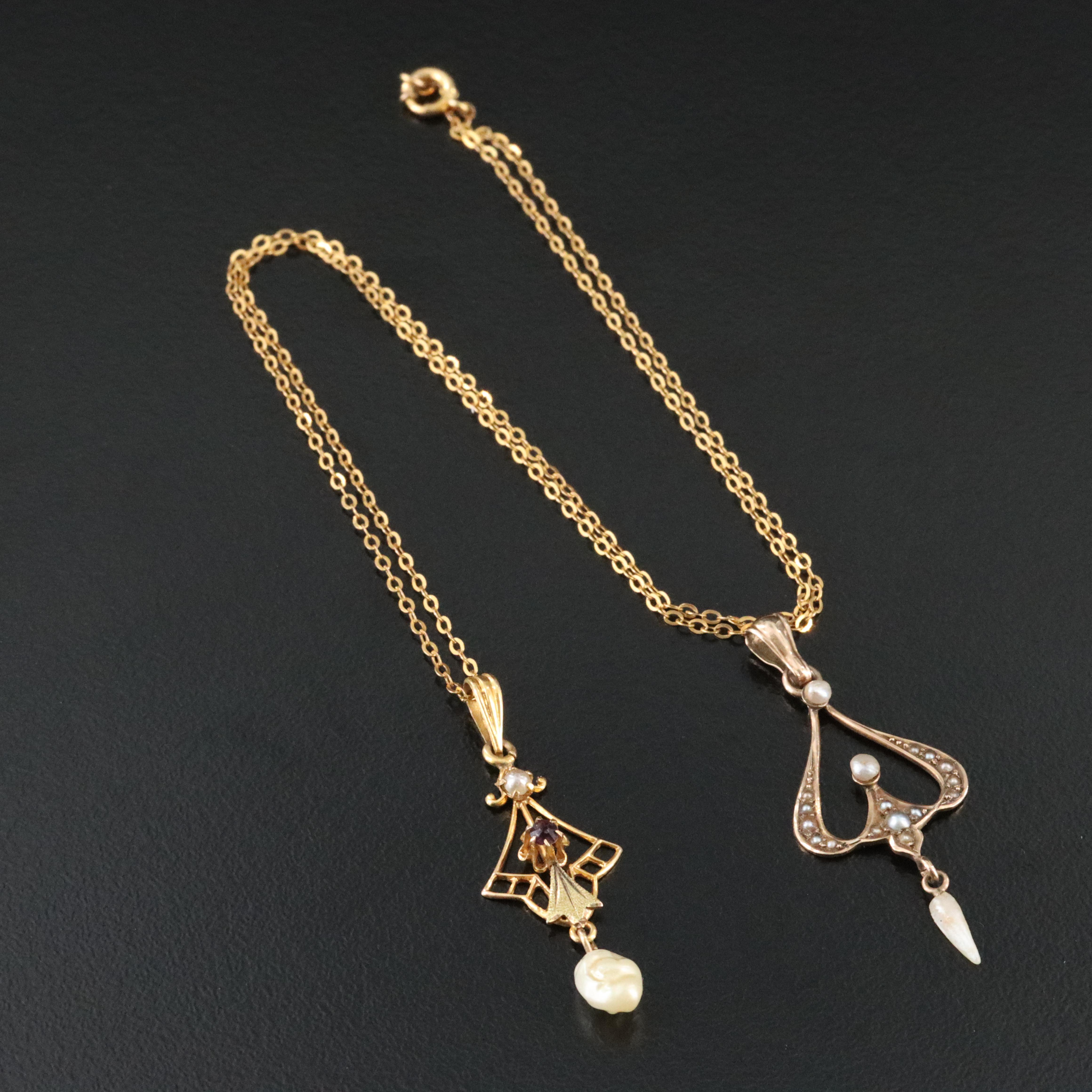 10K Pearl and Glass Lavalier Pendant and Necklace