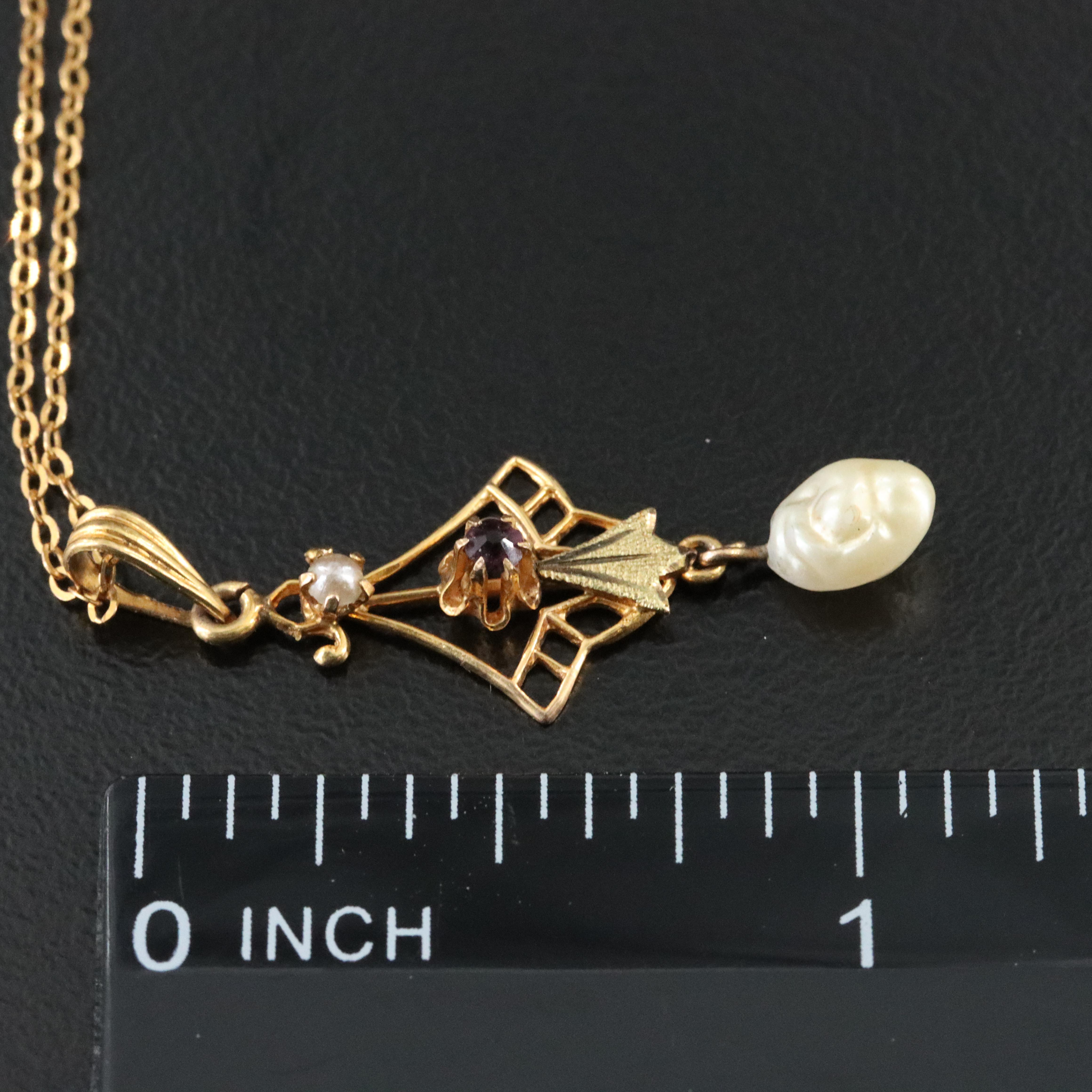 10K Pearl and Glass Lavalier Pendant and Necklace