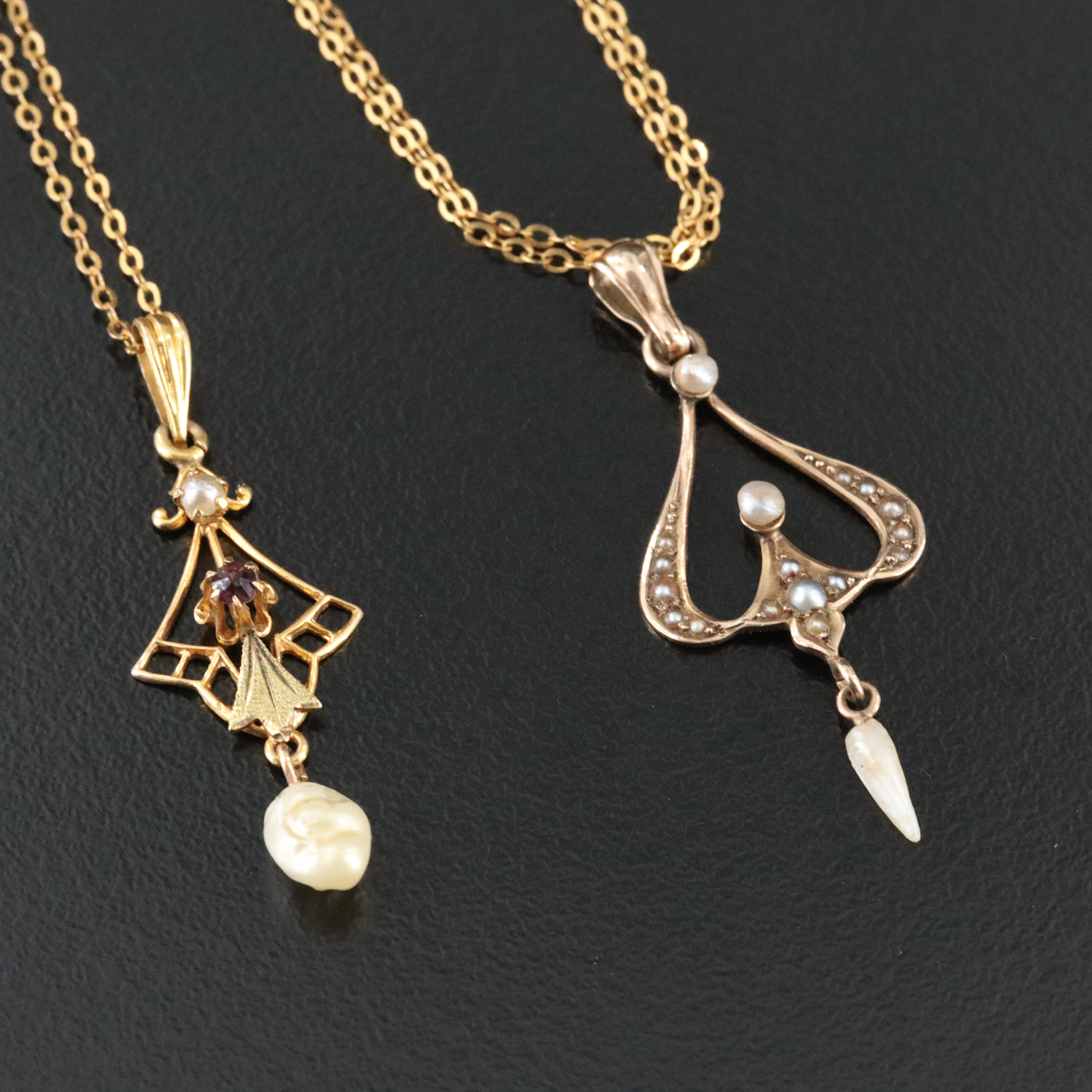 10K Pearl and Glass Lavalier Pendant and Necklace