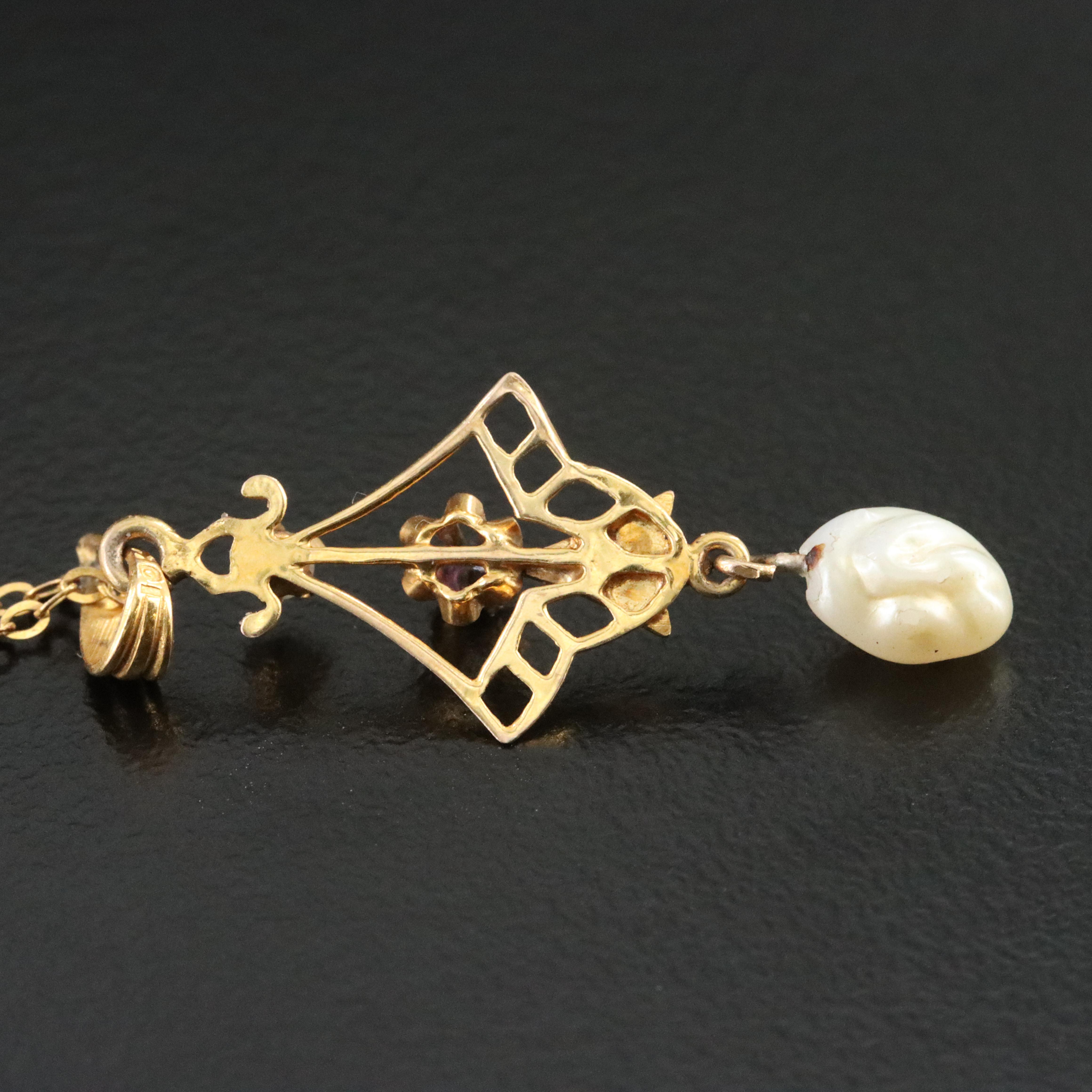 10K Pearl and Glass Lavalier Pendant and Necklace