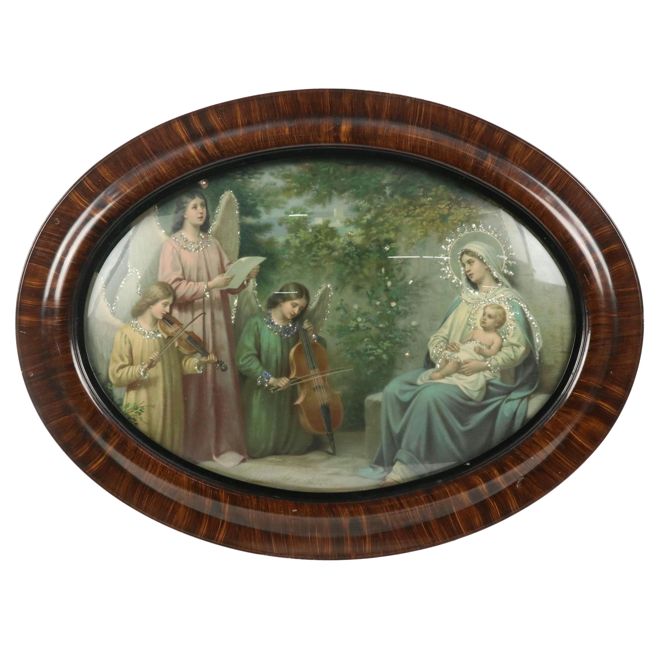 Embellished Chromolithograph of Jesus and Mary Serenaded by Angels