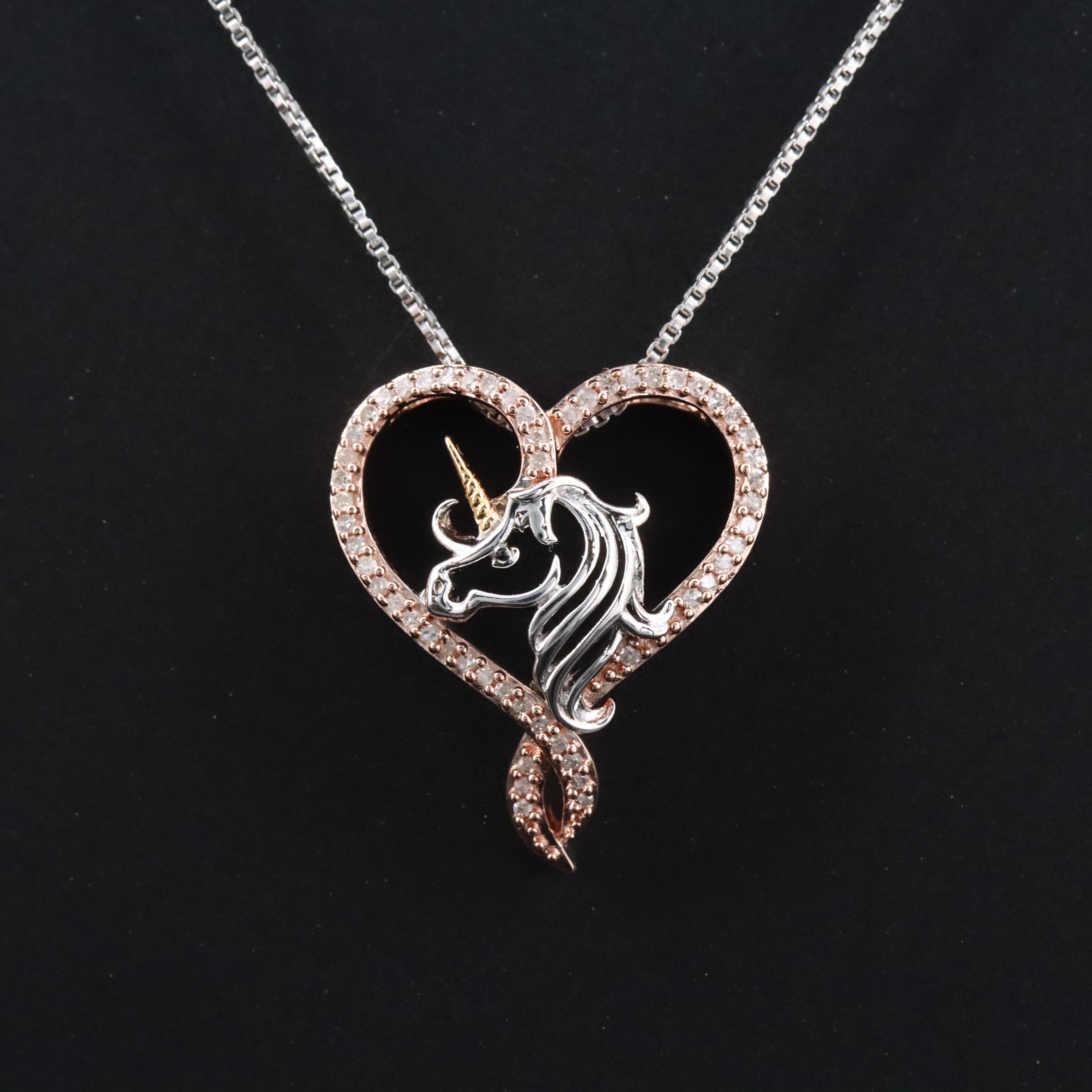 Sterling Diamond Unicorn Heart Pendant Necklace