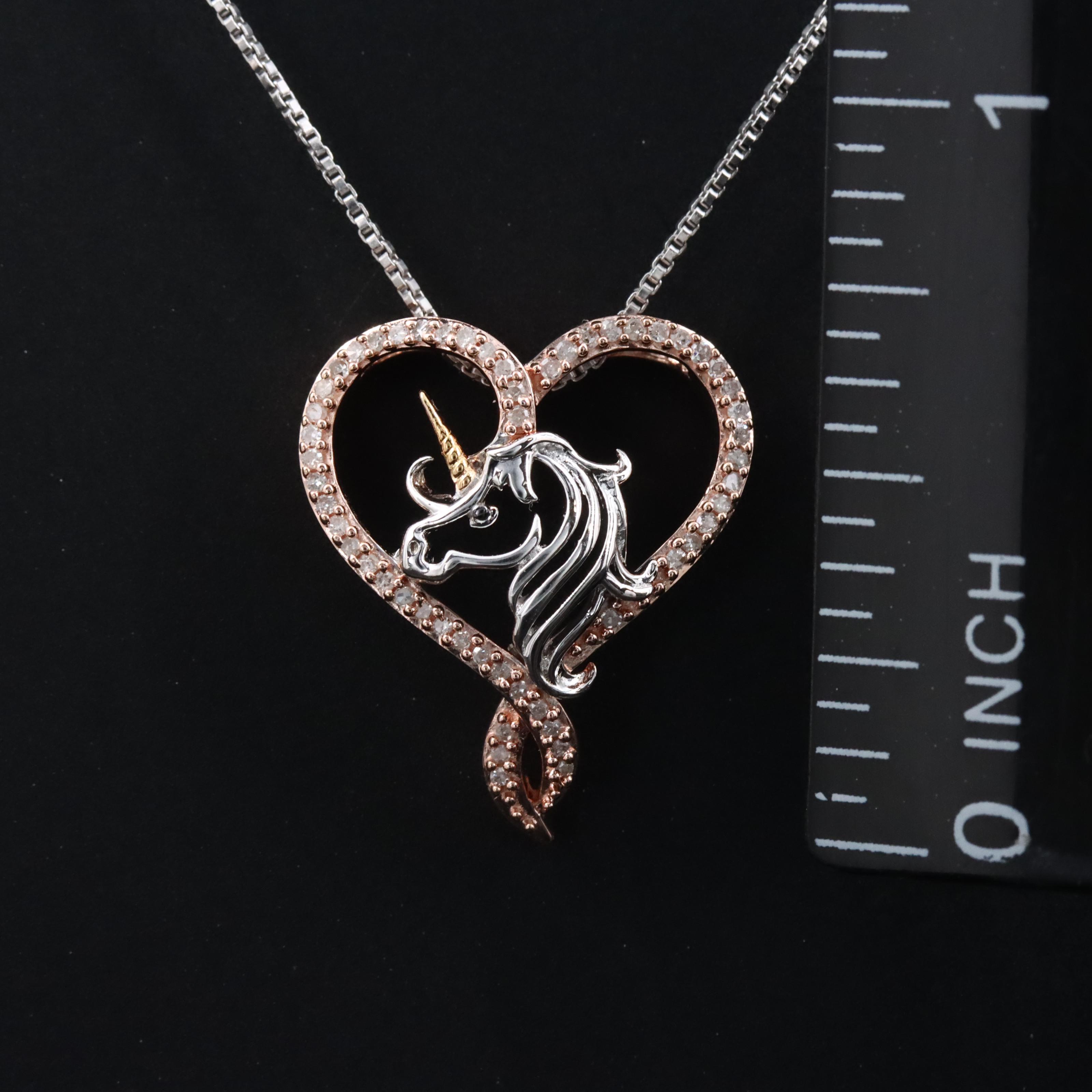 Sterling Diamond Unicorn Heart Pendant Necklace