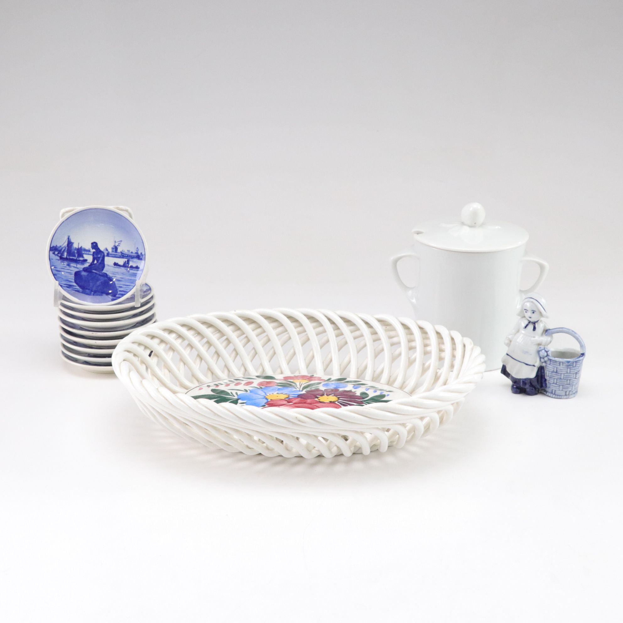 Kispert Hungarian Ceramic Basket with Other European Ceramics, Late 20th Century