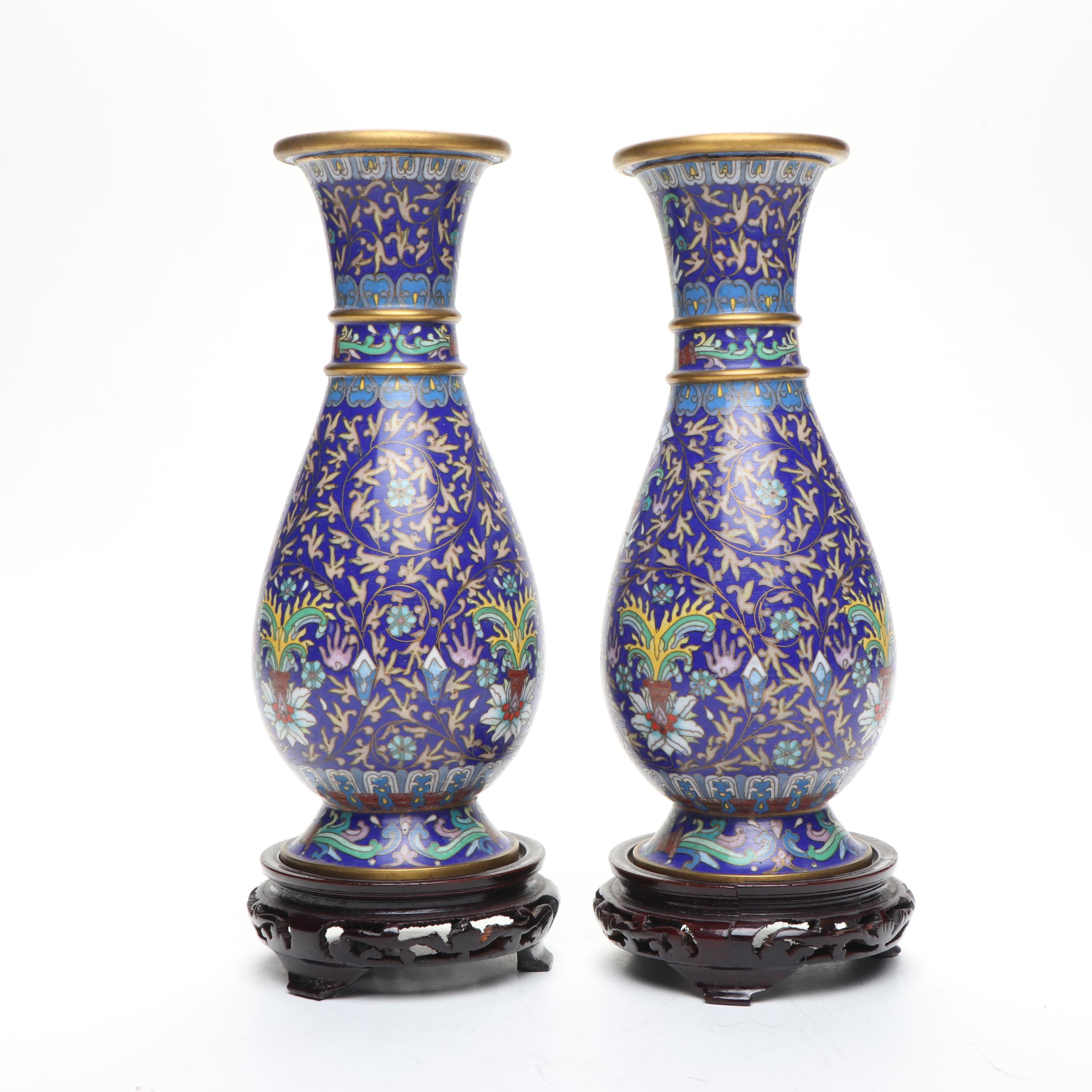 Pair of Chinese Cloisonné Vases with Wood Stands