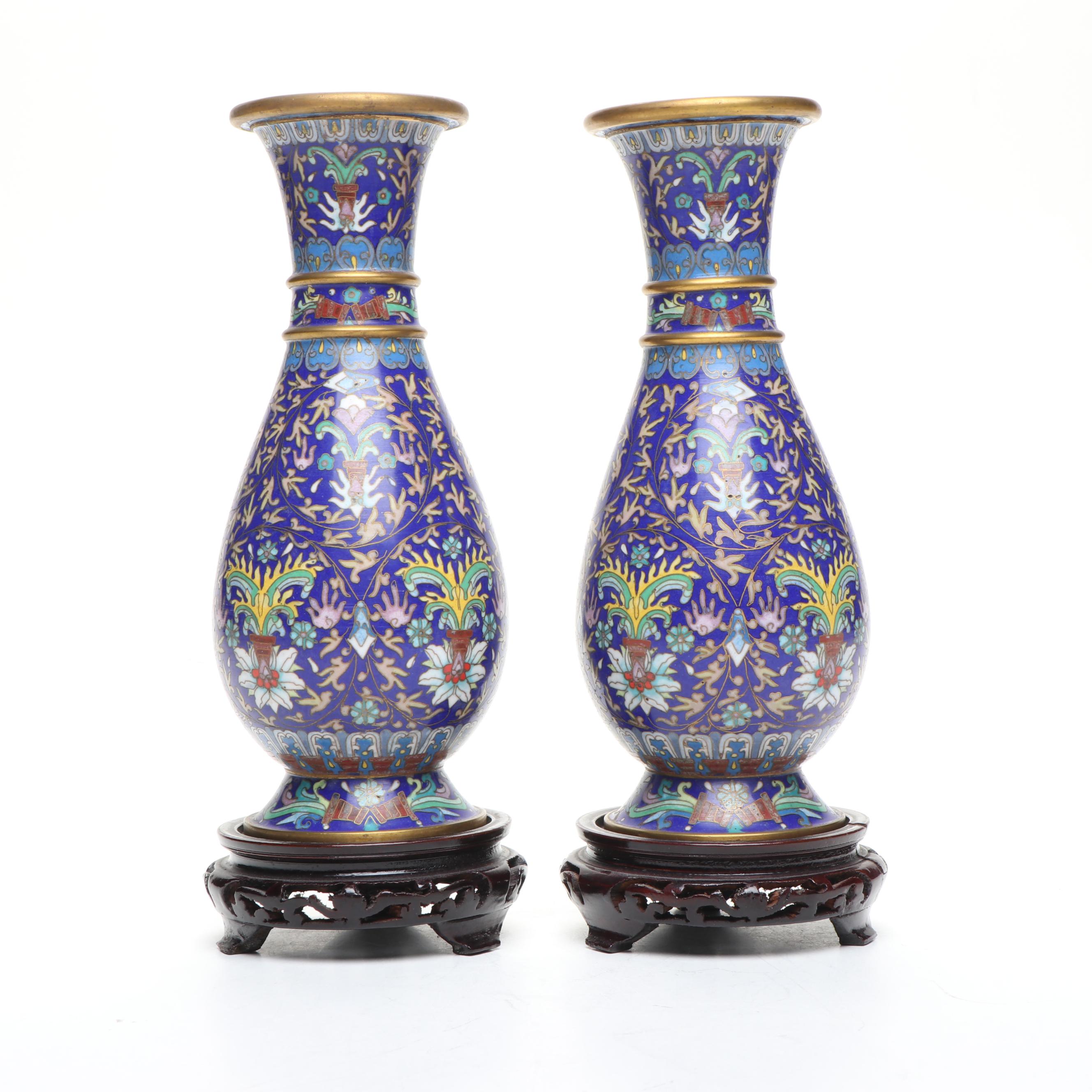 Pair of Chinese Cloisonné Vases with Wood Stands