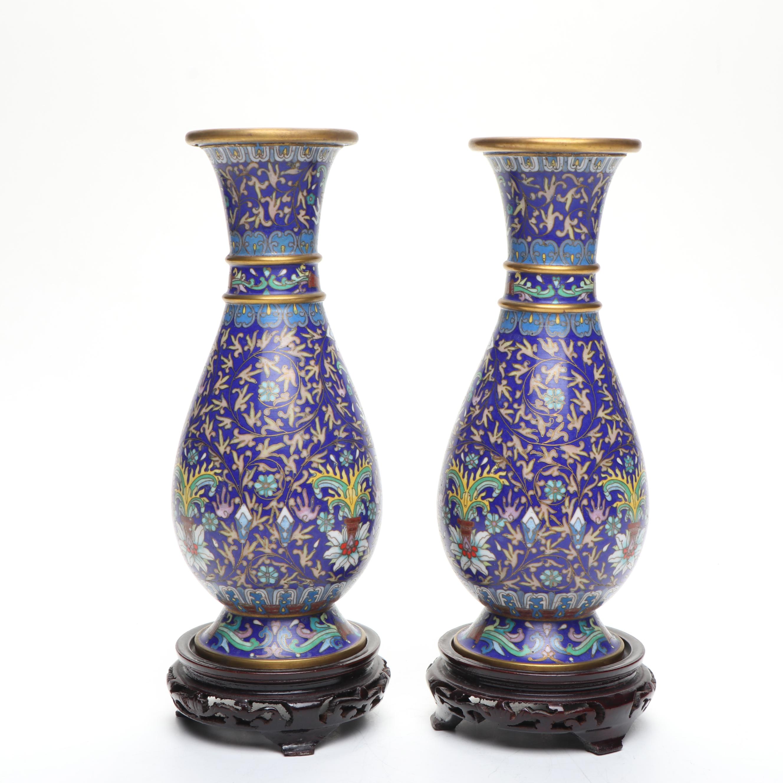 Pair of Chinese Cloisonné Vases with Wood Stands