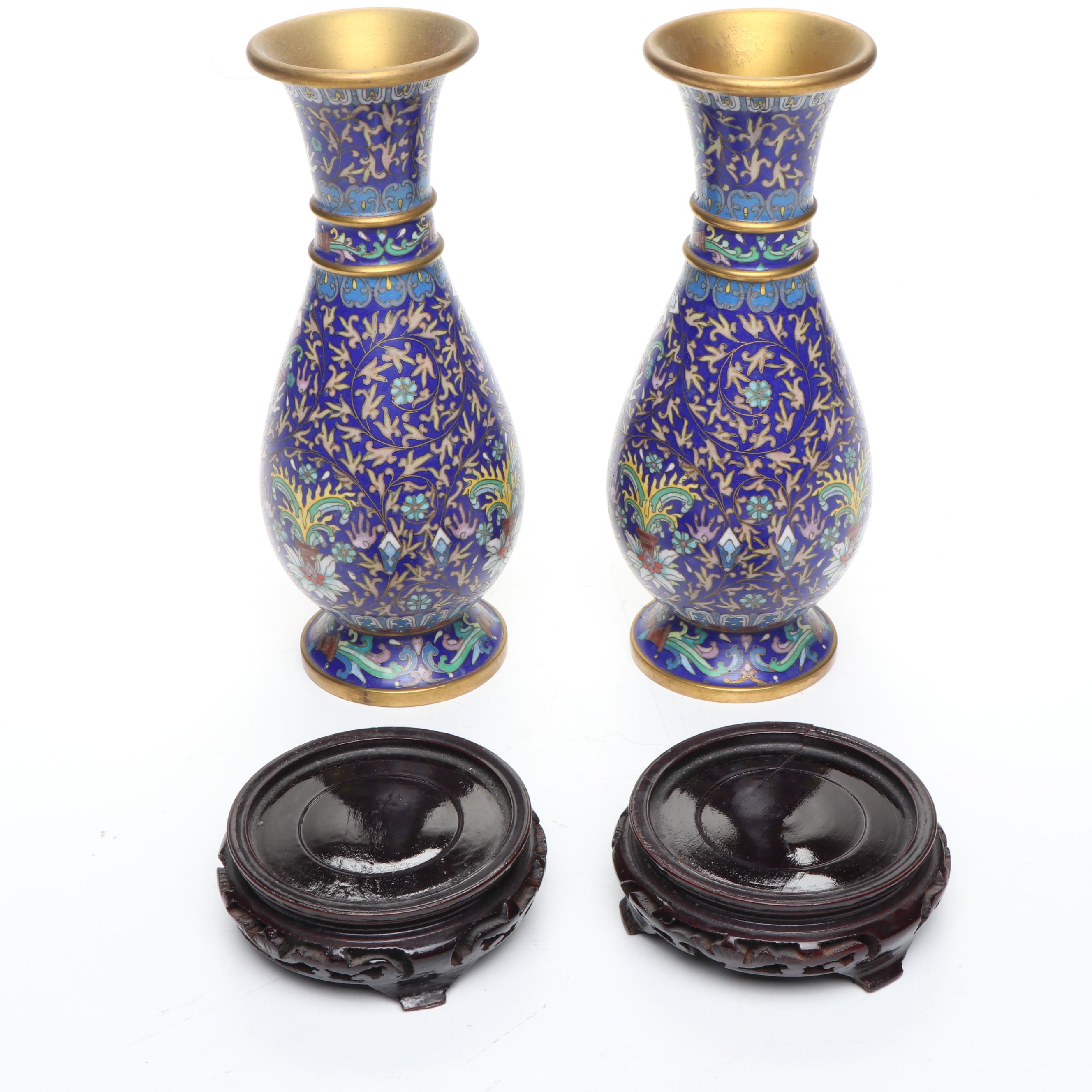 Pair of Chinese Cloisonné Vases with Wood Stands