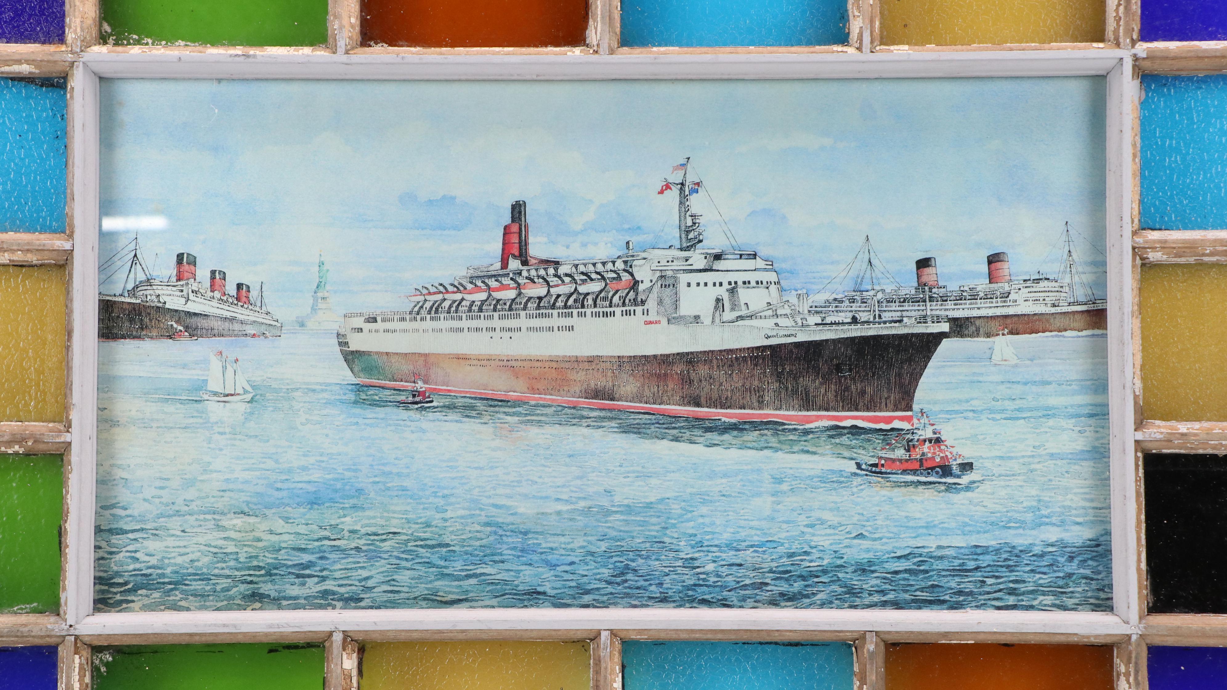 Stained Glass Window Panel With Ocean Liner Print