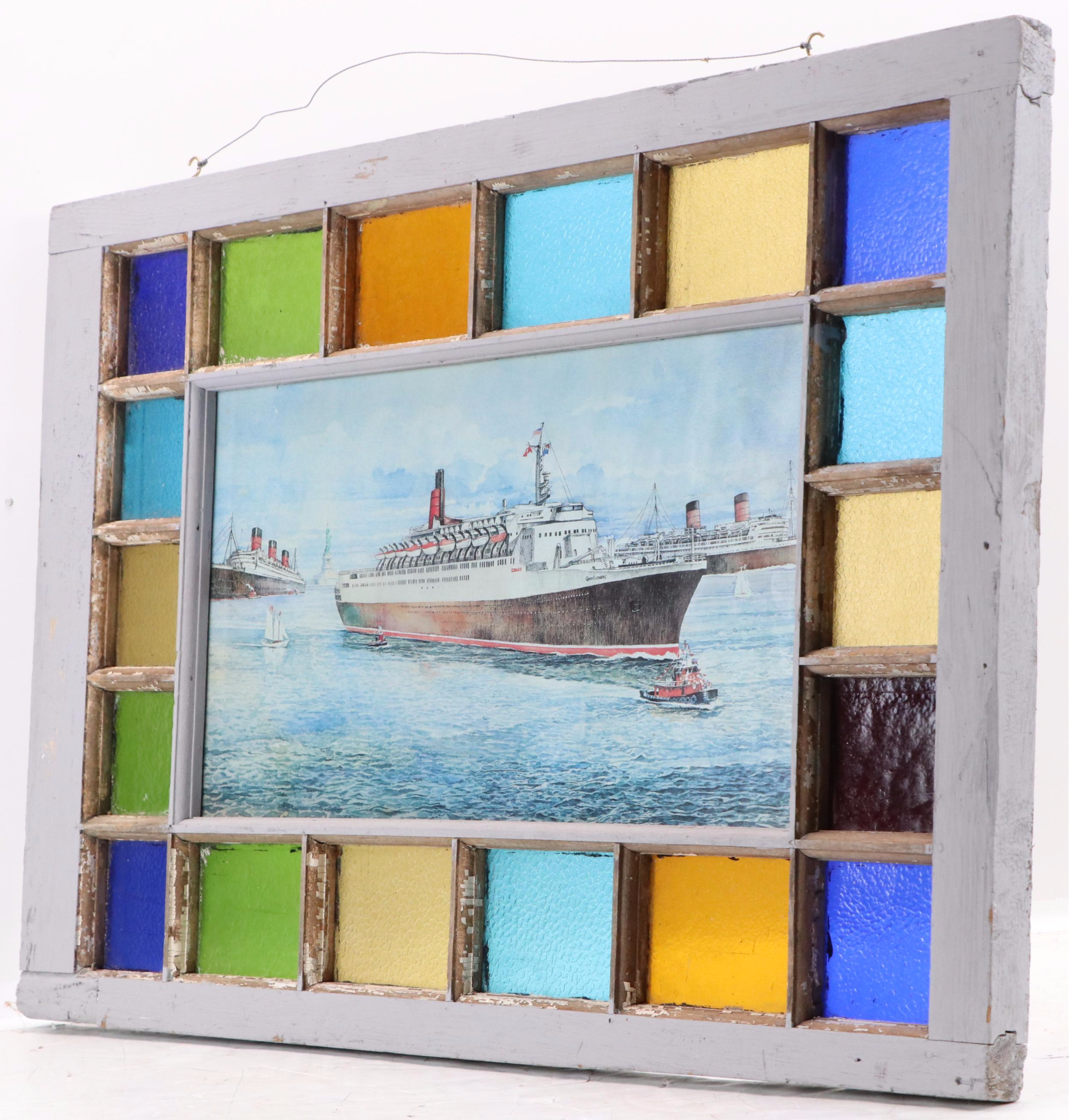 Stained Glass Window Panel With Ocean Liner Print