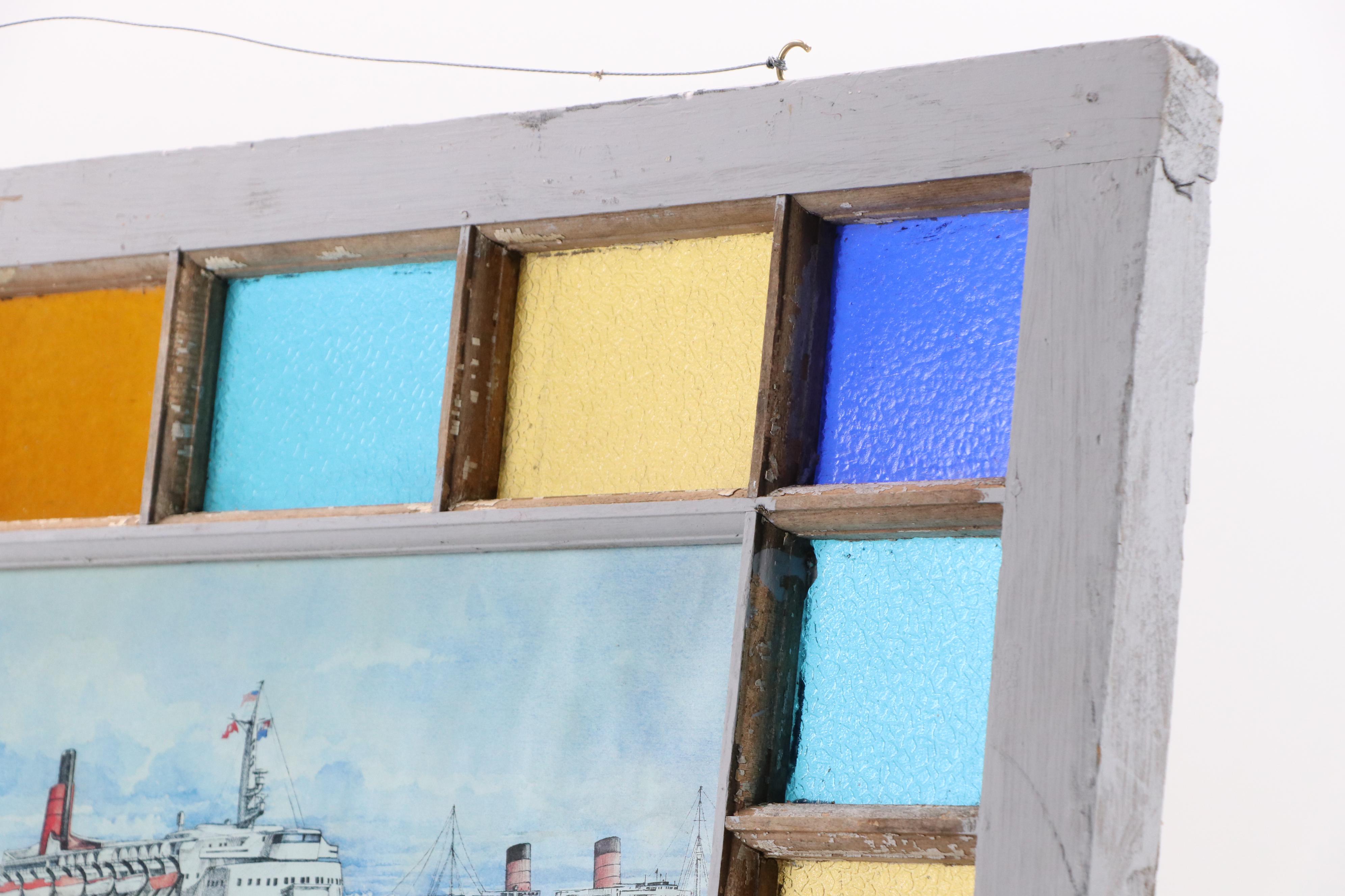 Stained Glass Window Panel With Ocean Liner Print