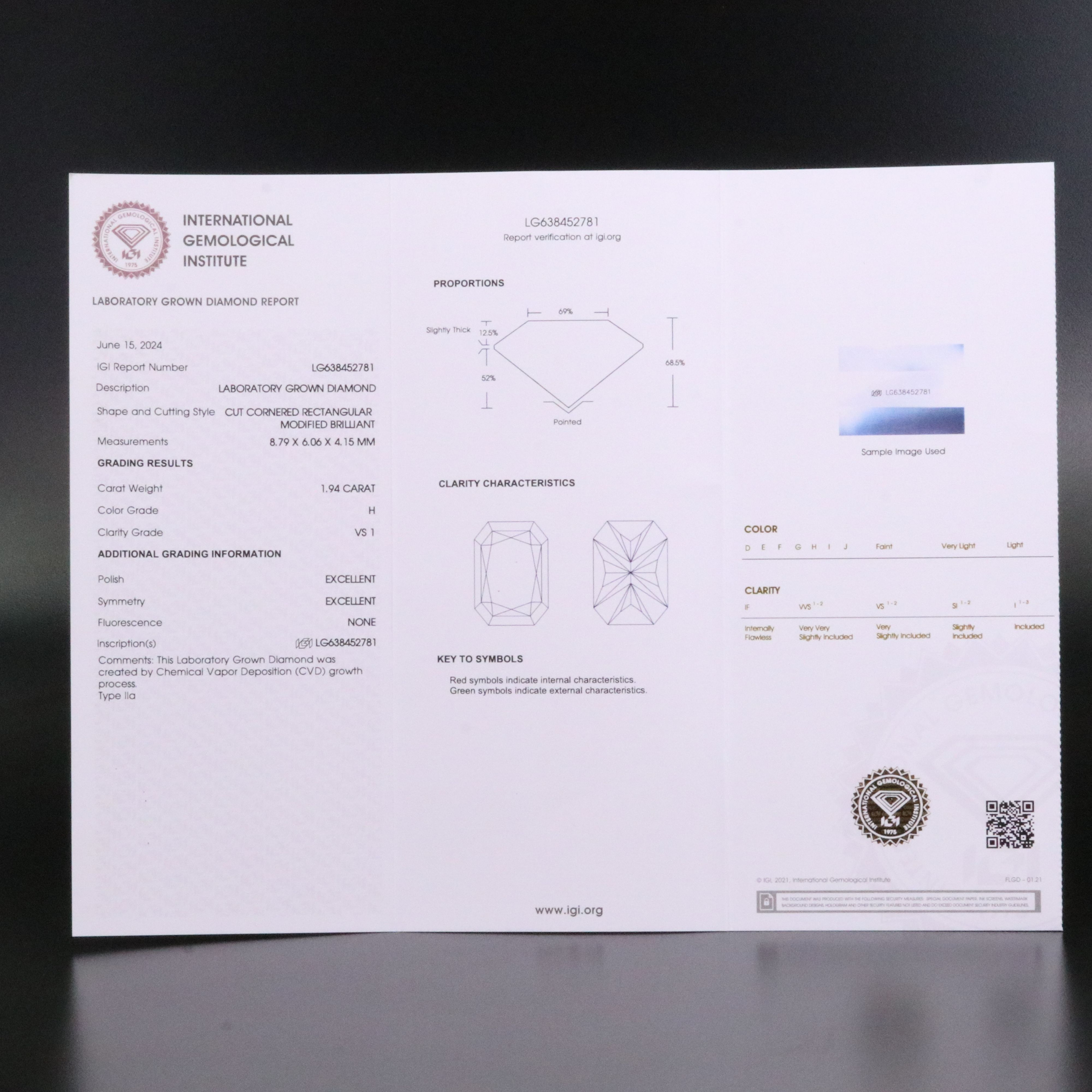 Loose 1.94 CT Lab Grown Diamond with IGI Report