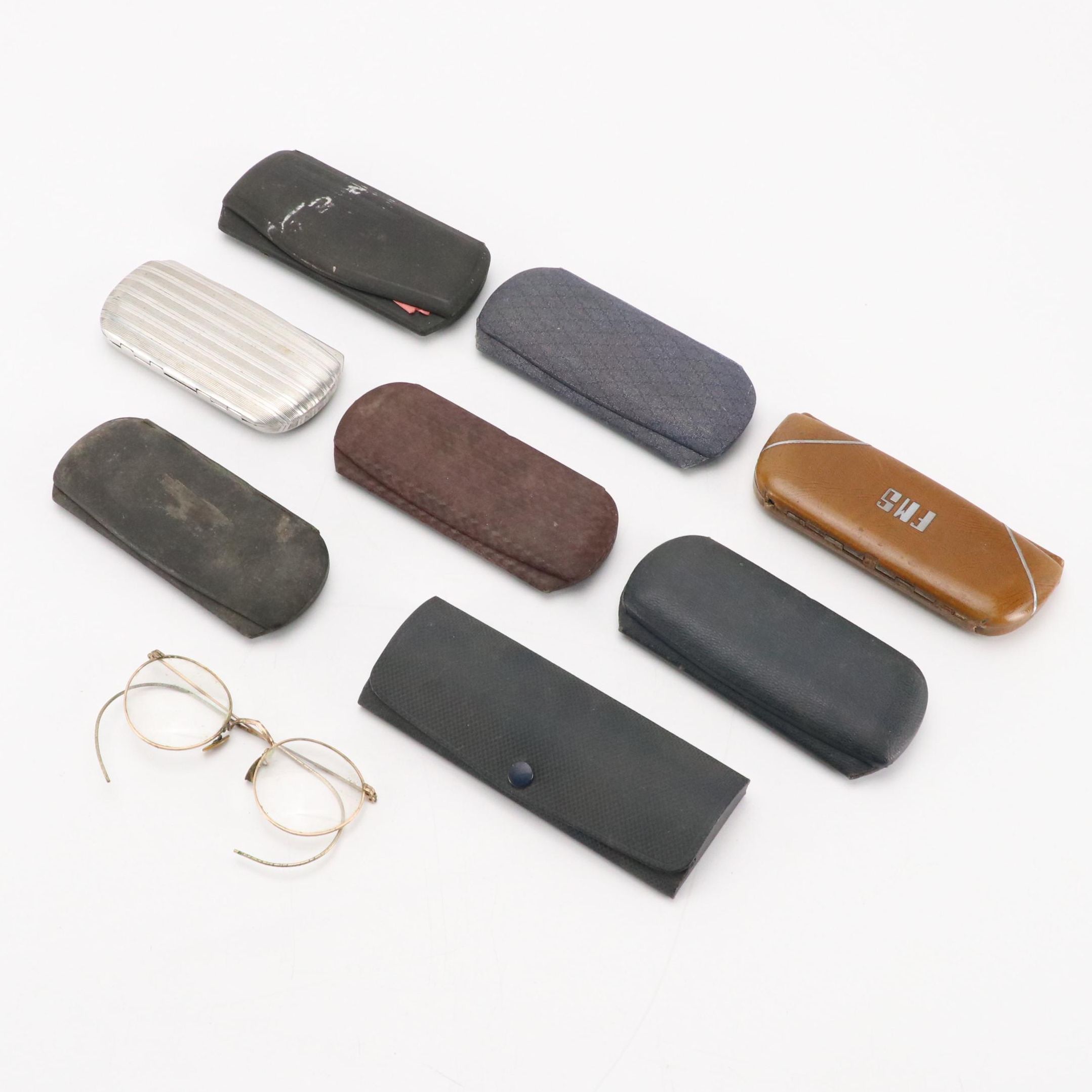 Antique 10K-12K Gold Filled Round Frame Prescription & Pince-Nez Glasses & Cases