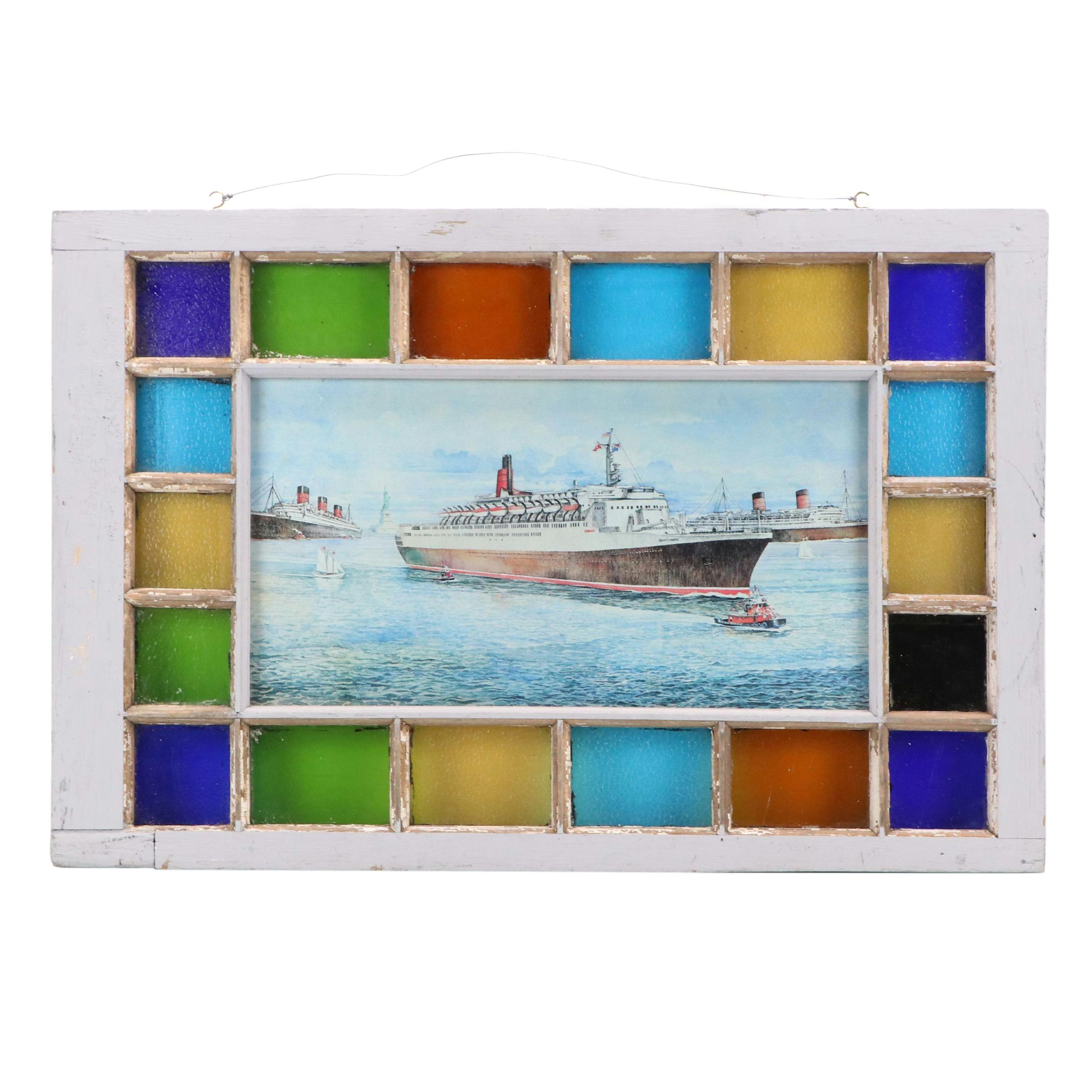Stained Glass Window Panel With Ocean Liner Print