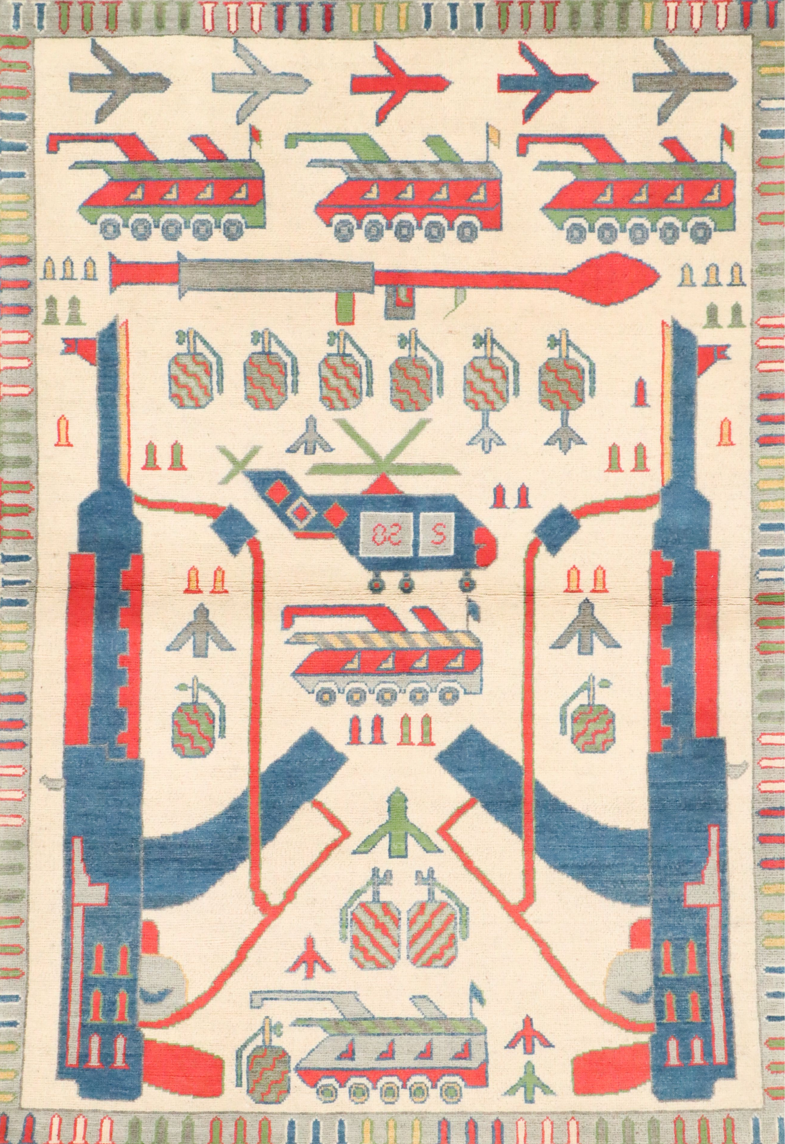 4'1 x 6' Hand-Knotted Afghan Pictorial War Area Rug