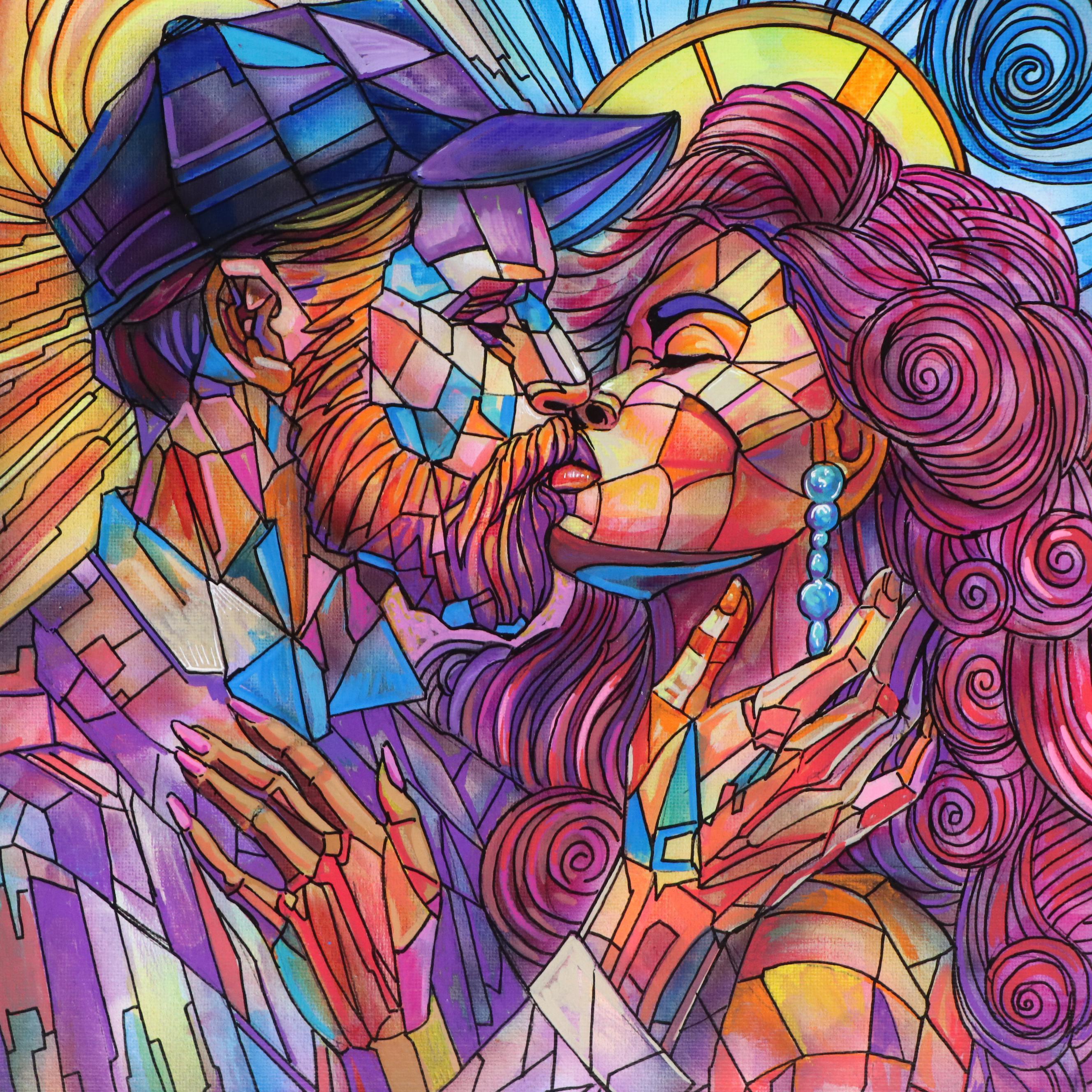 Ricardo Maya Stylized Acrylic Painting of Embracing Couple, 21st Century