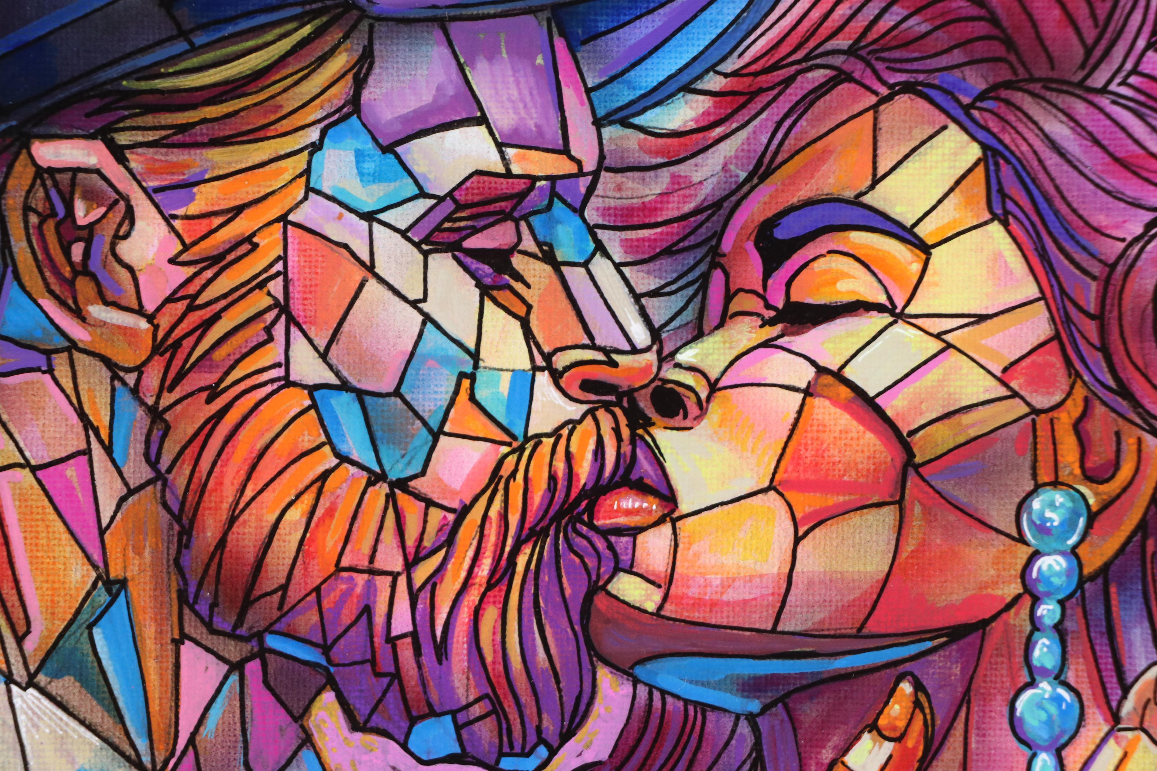 Ricardo Maya Stylized Acrylic Painting of Embracing Couple, 21st Century