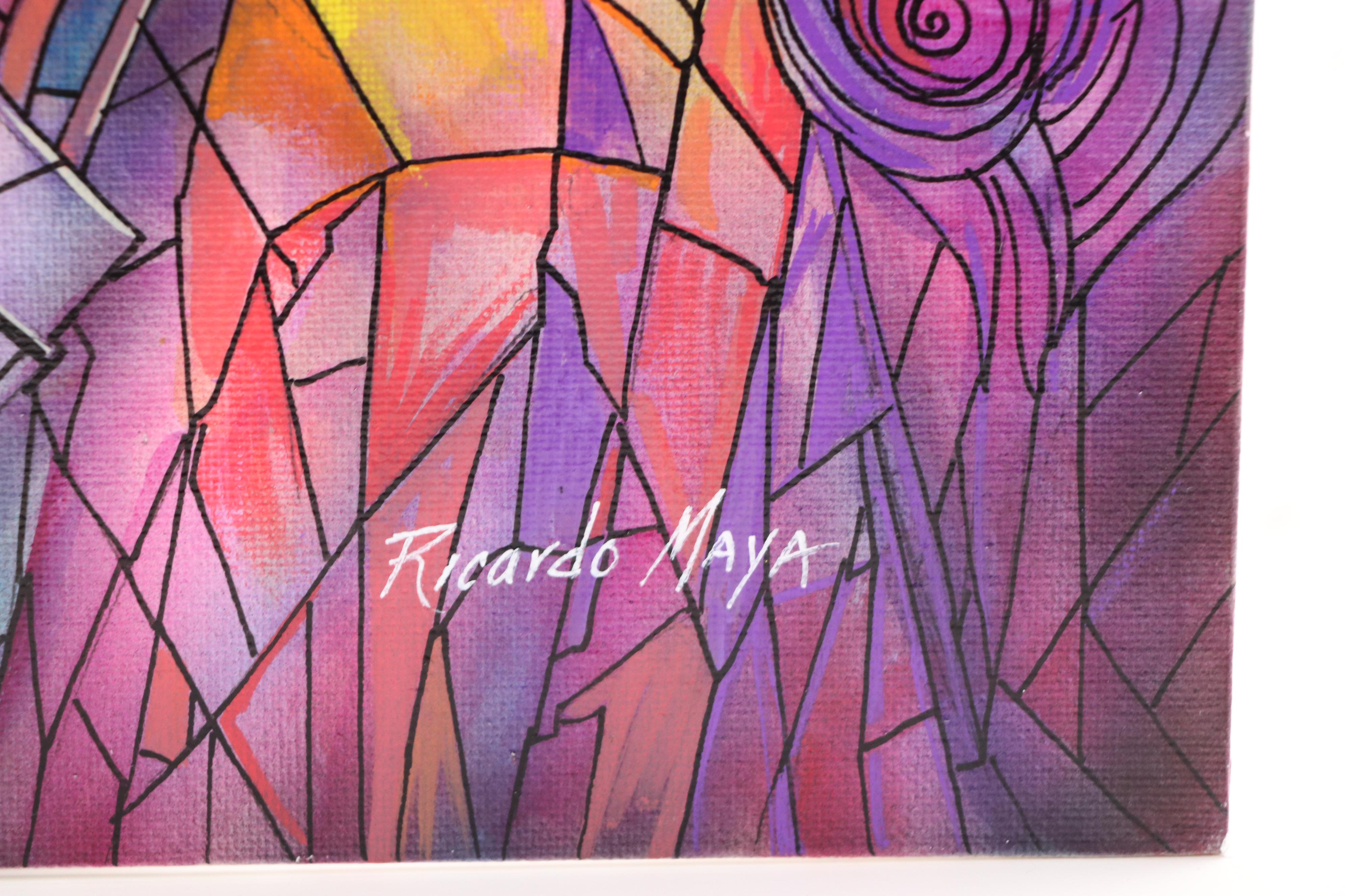 Ricardo Maya Stylized Acrylic Painting of Embracing Couple, 21st Century