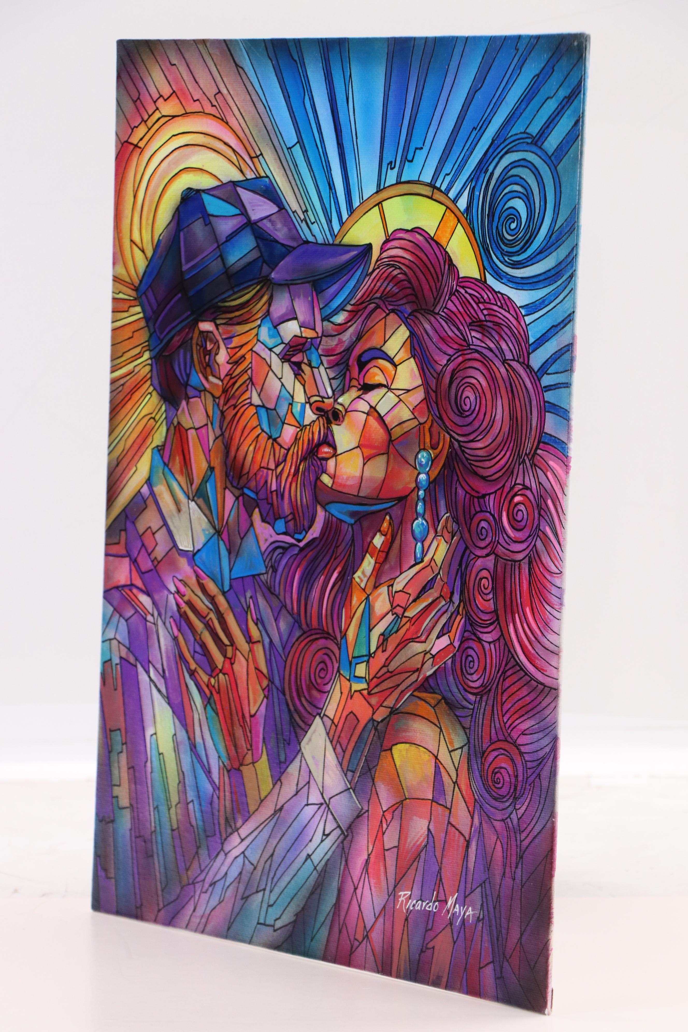 Ricardo Maya Stylized Acrylic Painting of Embracing Couple, 21st Century