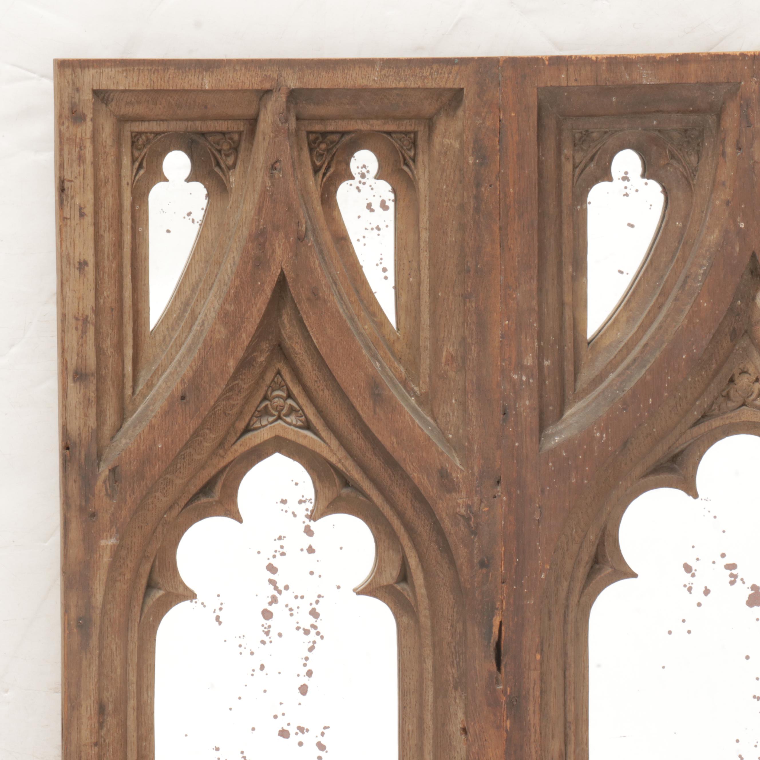 Carved Oak Gothic Arch Salvage Panel Wall Mirror