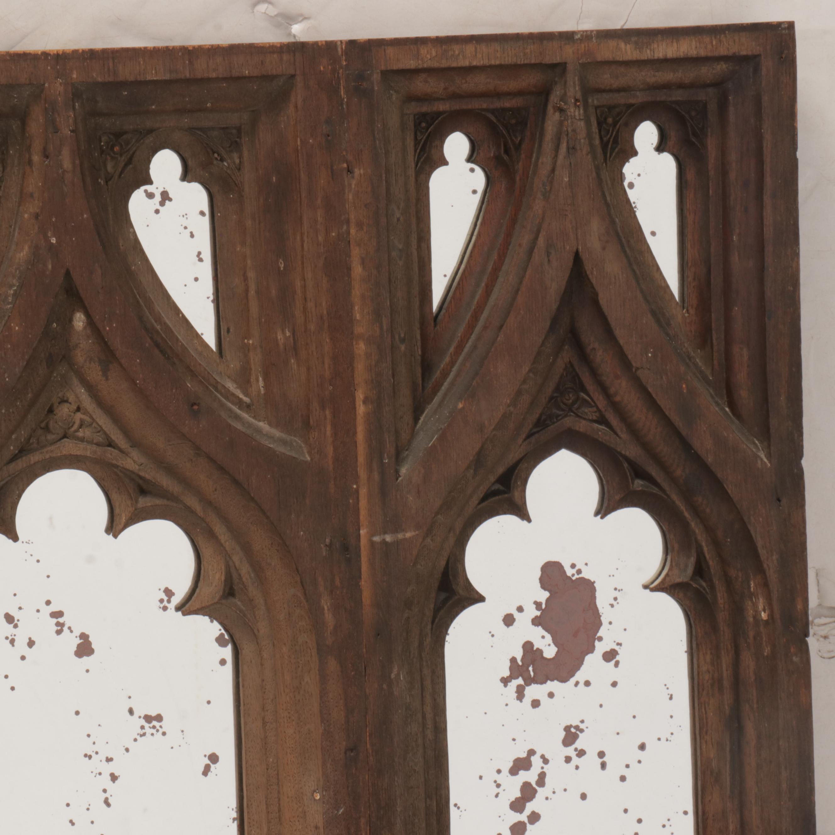 Carved Oak Gothic Arch Salvage Panel Wall Mirror