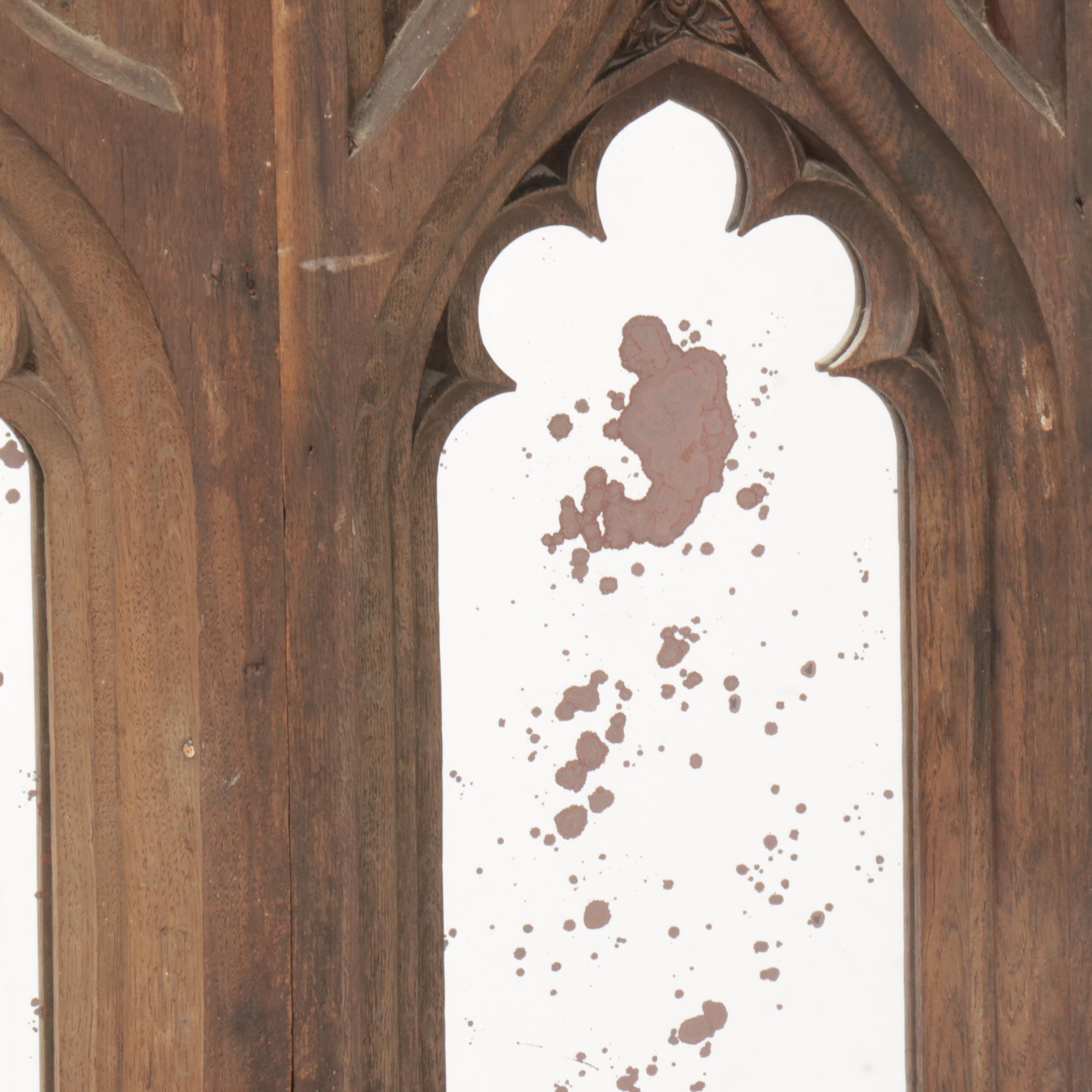 Carved Oak Gothic Arch Salvage Panel Wall Mirror