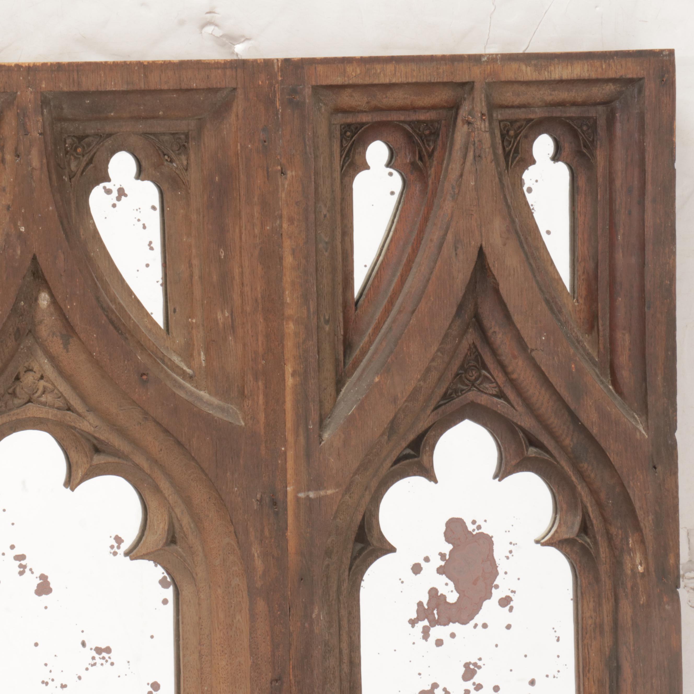 Carved Oak Gothic Arch Salvage Panel Wall Mirror