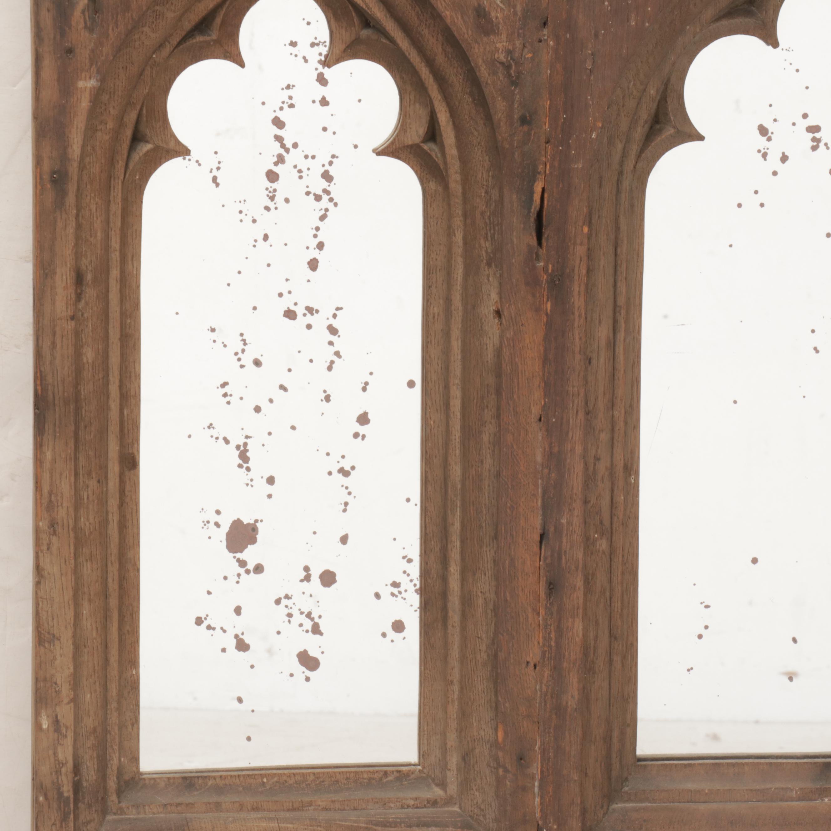 Carved Oak Gothic Arch Salvage Panel Wall Mirror
