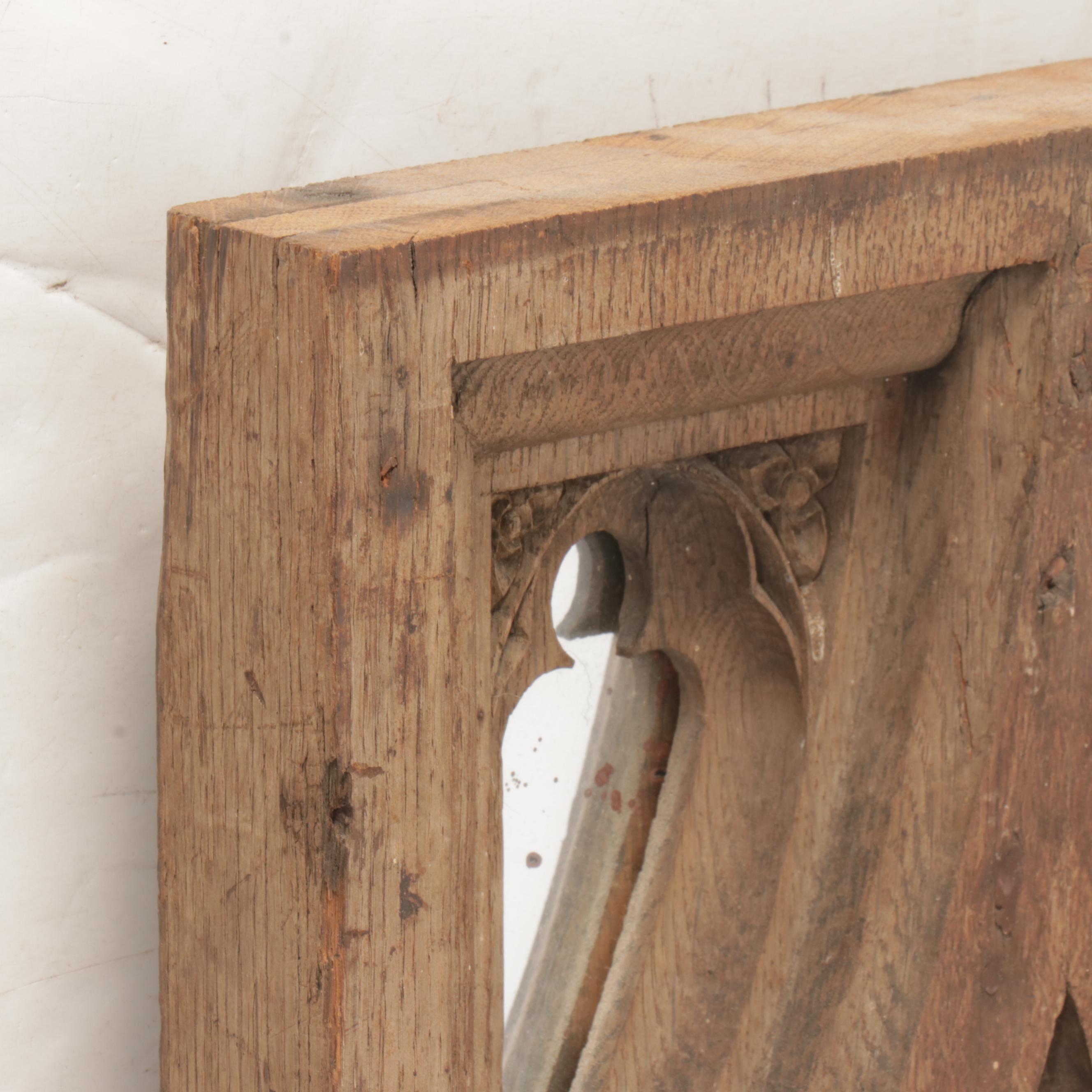 Carved Oak Gothic Arch Salvage Panel Wall Mirror