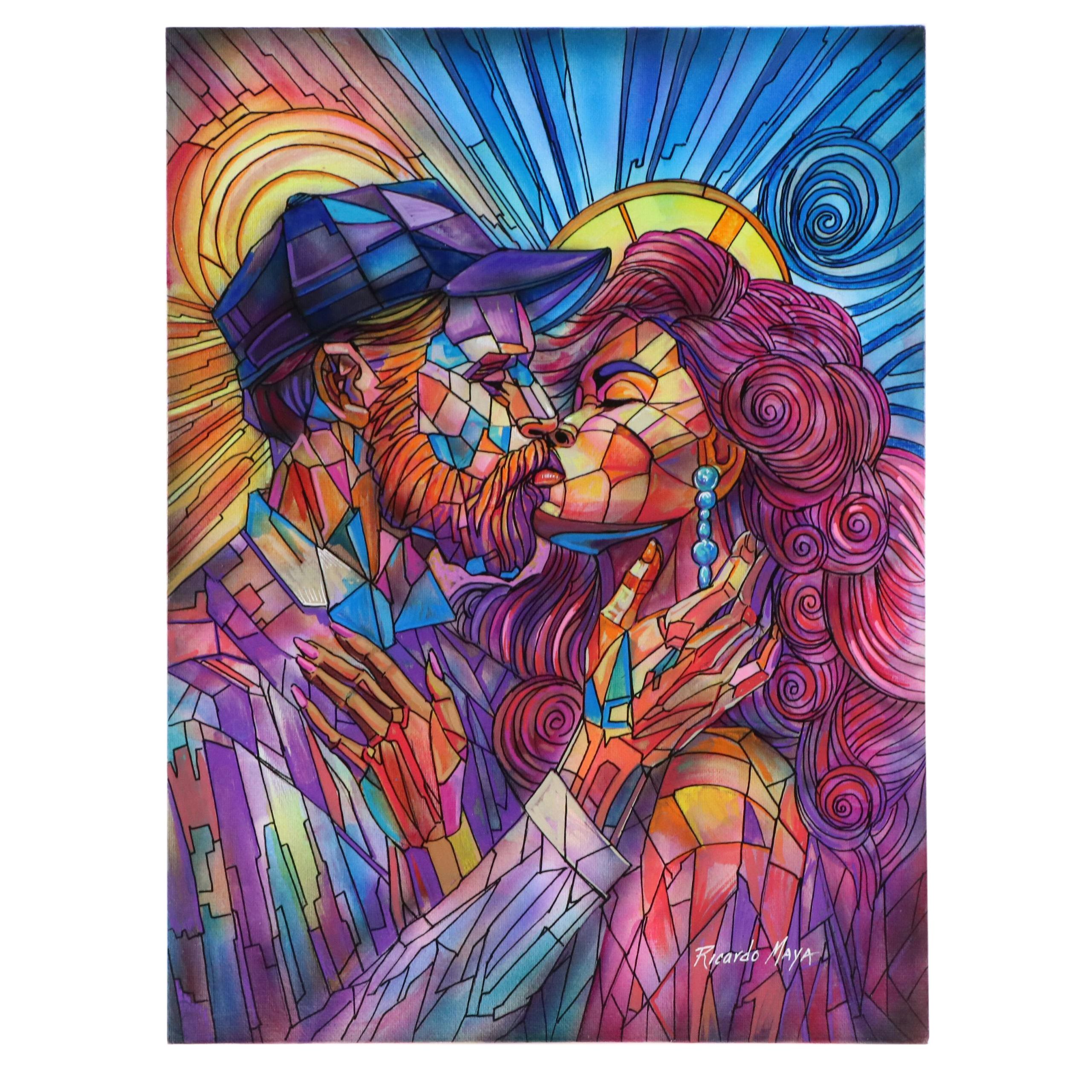 Ricardo Maya Stylized Acrylic Painting of Embracing Couple, 21st Century