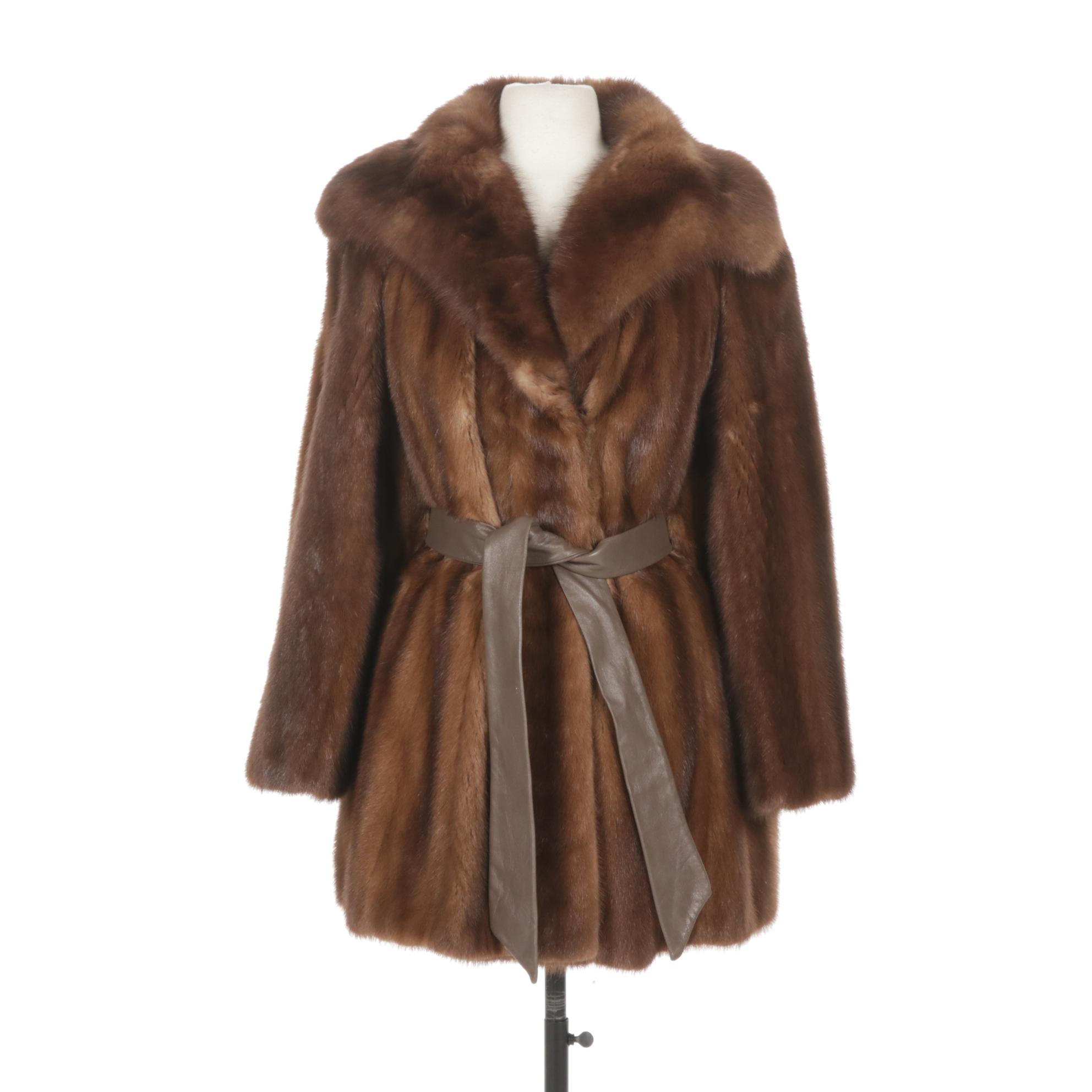 Sable Fur Collar on Chestnut Mink Fur Stroller with Leather Belt by Stewart's