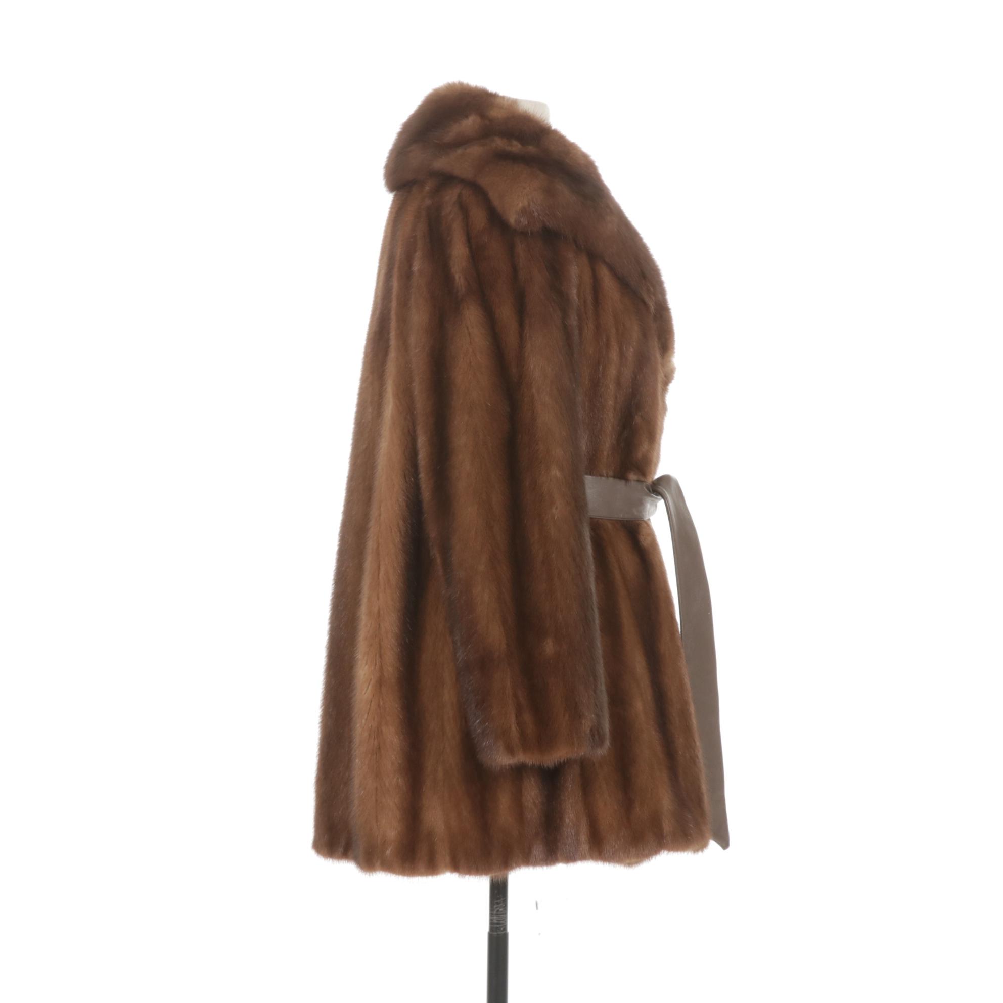 Sable Fur Collar on Chestnut Mink Fur Stroller with Leather Belt by Stewart's