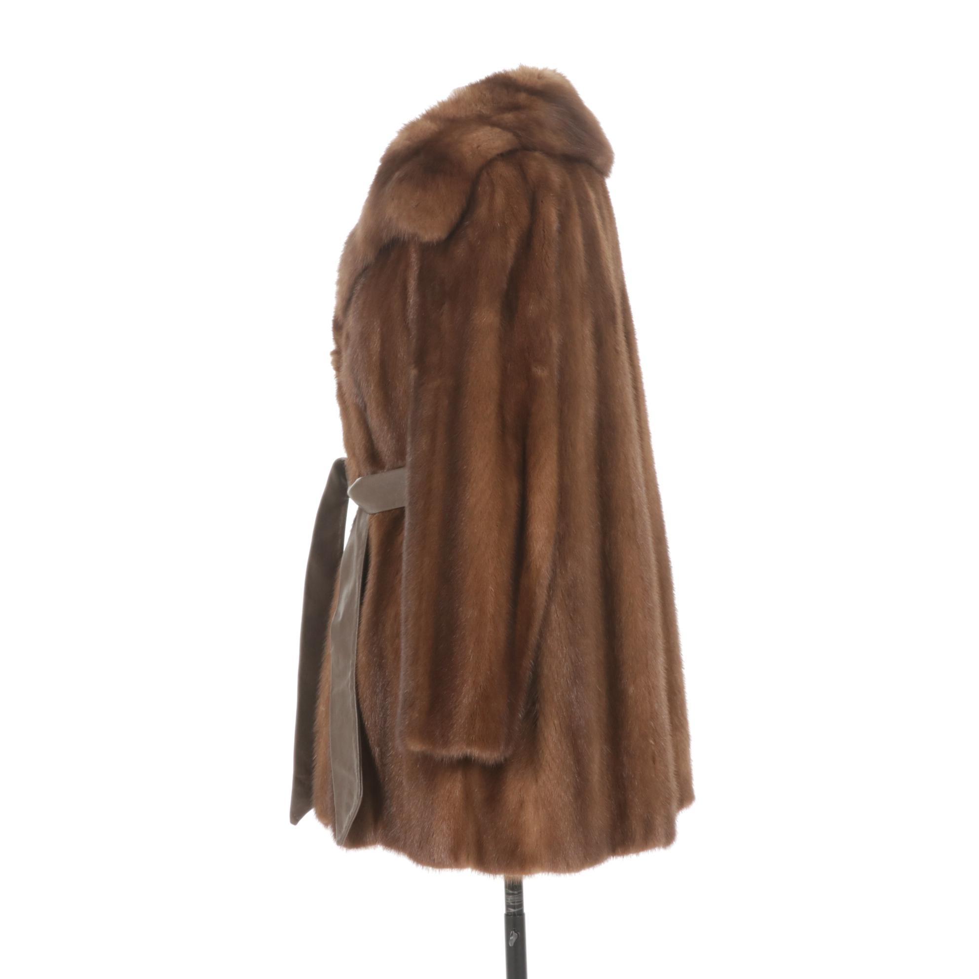 Sable Fur Collar on Chestnut Mink Fur Stroller with Leather Belt by Stewart's