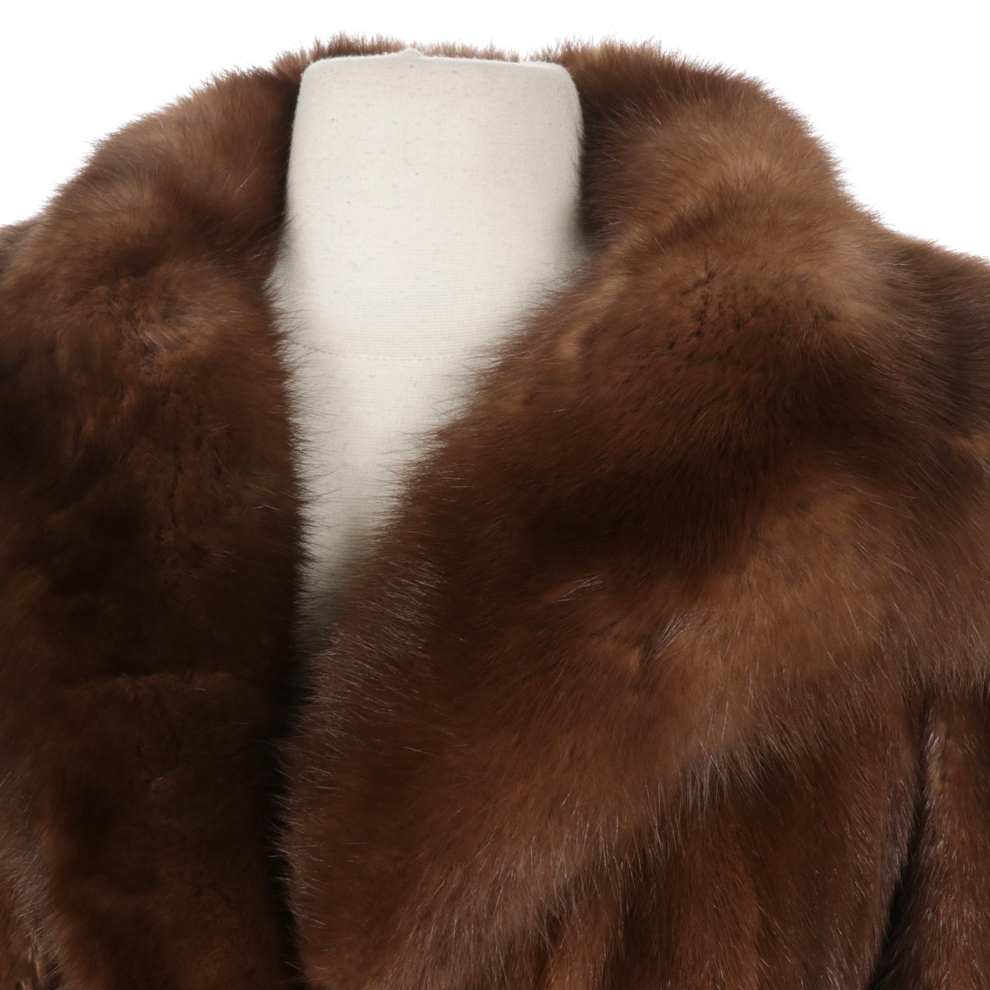 Sable Fur Collar on Chestnut Mink Fur Stroller with Leather Belt by Stewart's