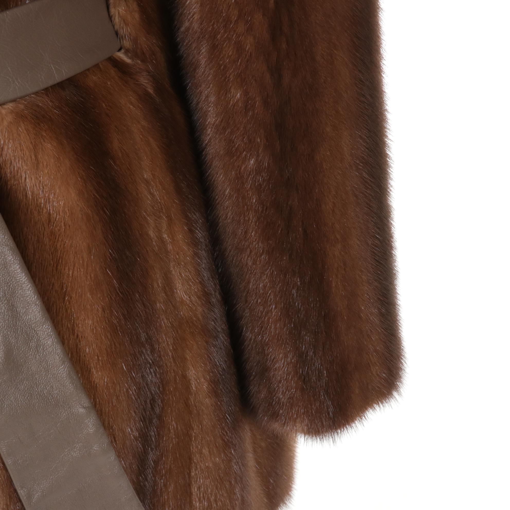 Sable Fur Collar on Chestnut Mink Fur Stroller with Leather Belt by Stewart's