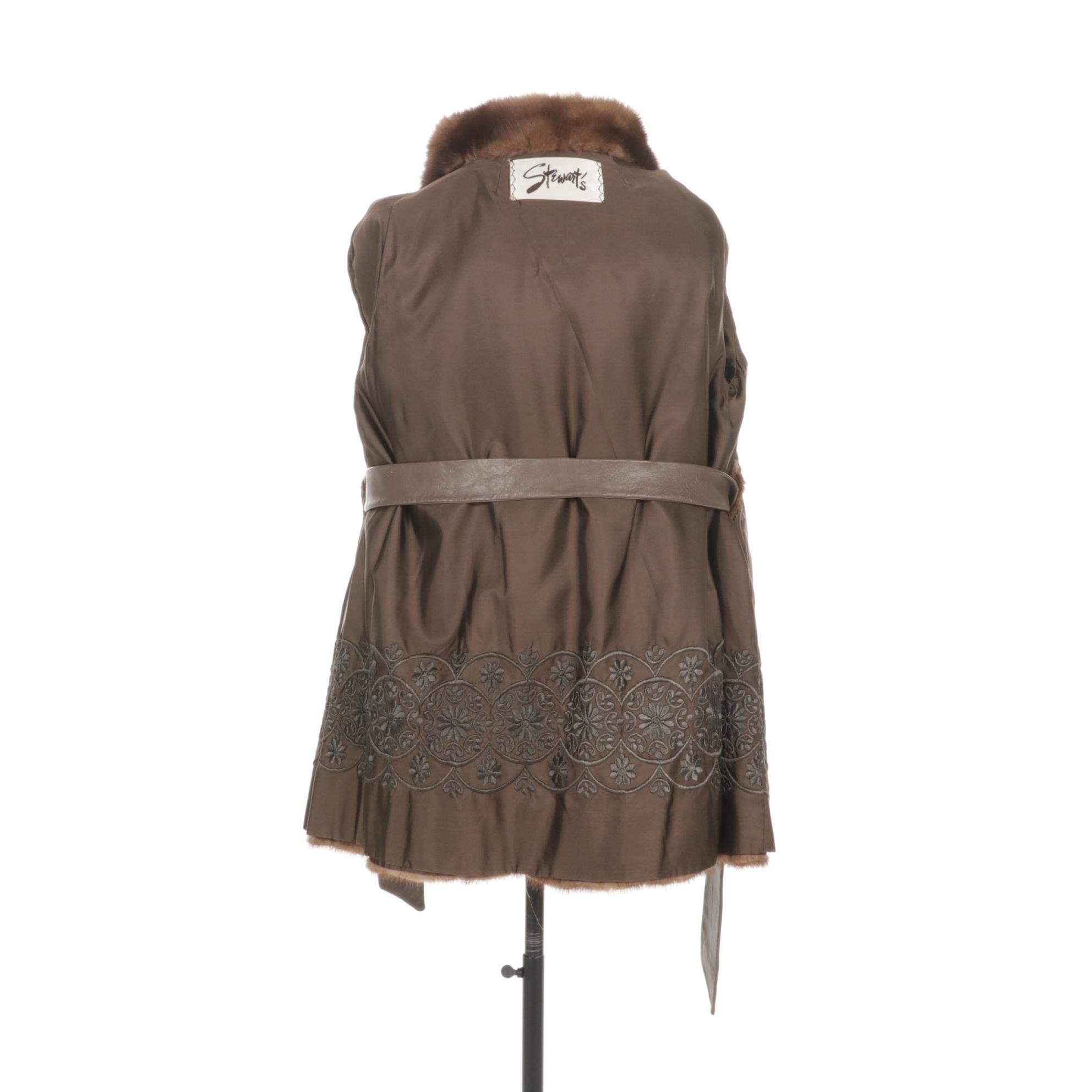 Sable Fur Collar on Chestnut Mink Fur Stroller with Leather Belt by Stewart's