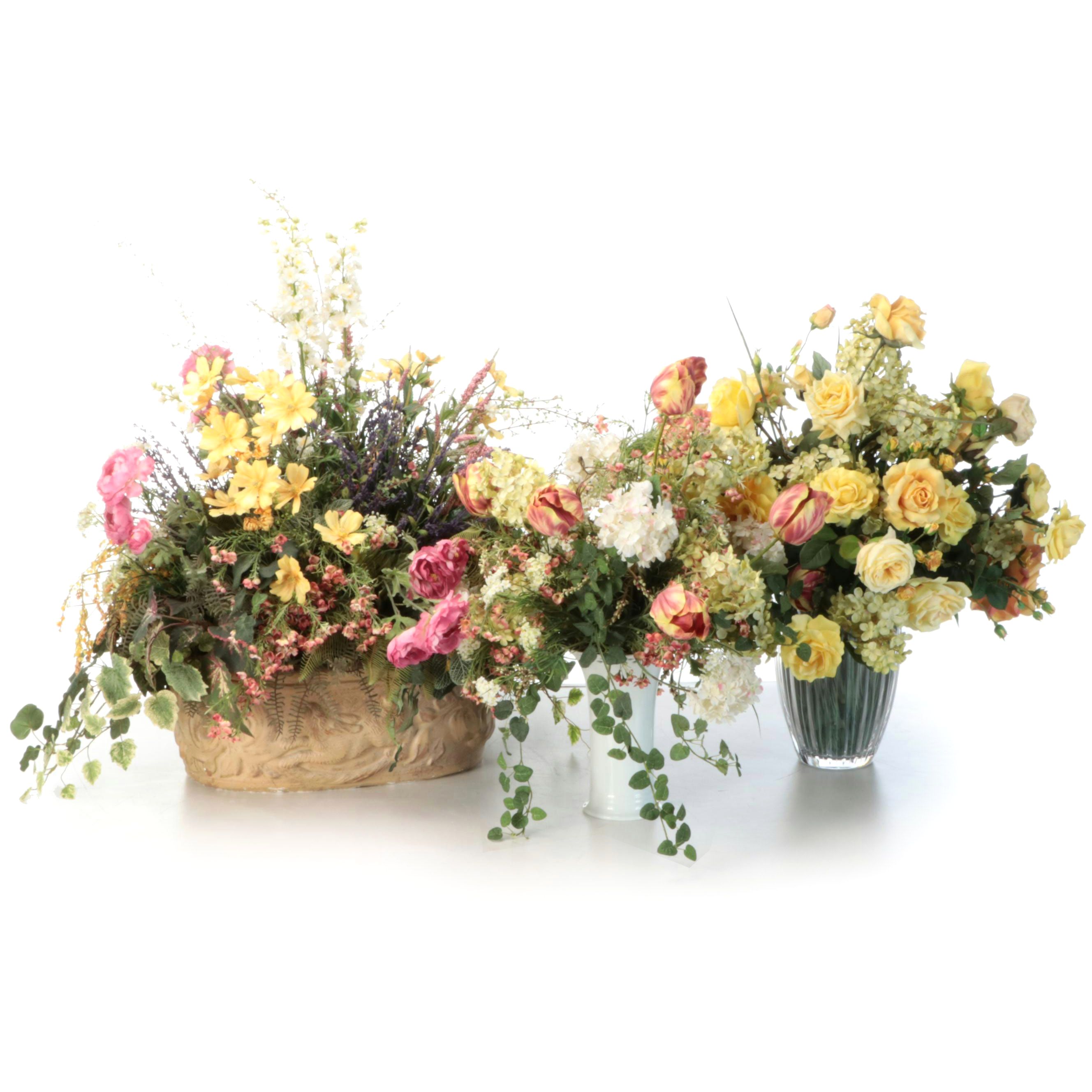 Yellow Roses, Lavender, and More Artificial Flowers with Glass and Ceramic Vases